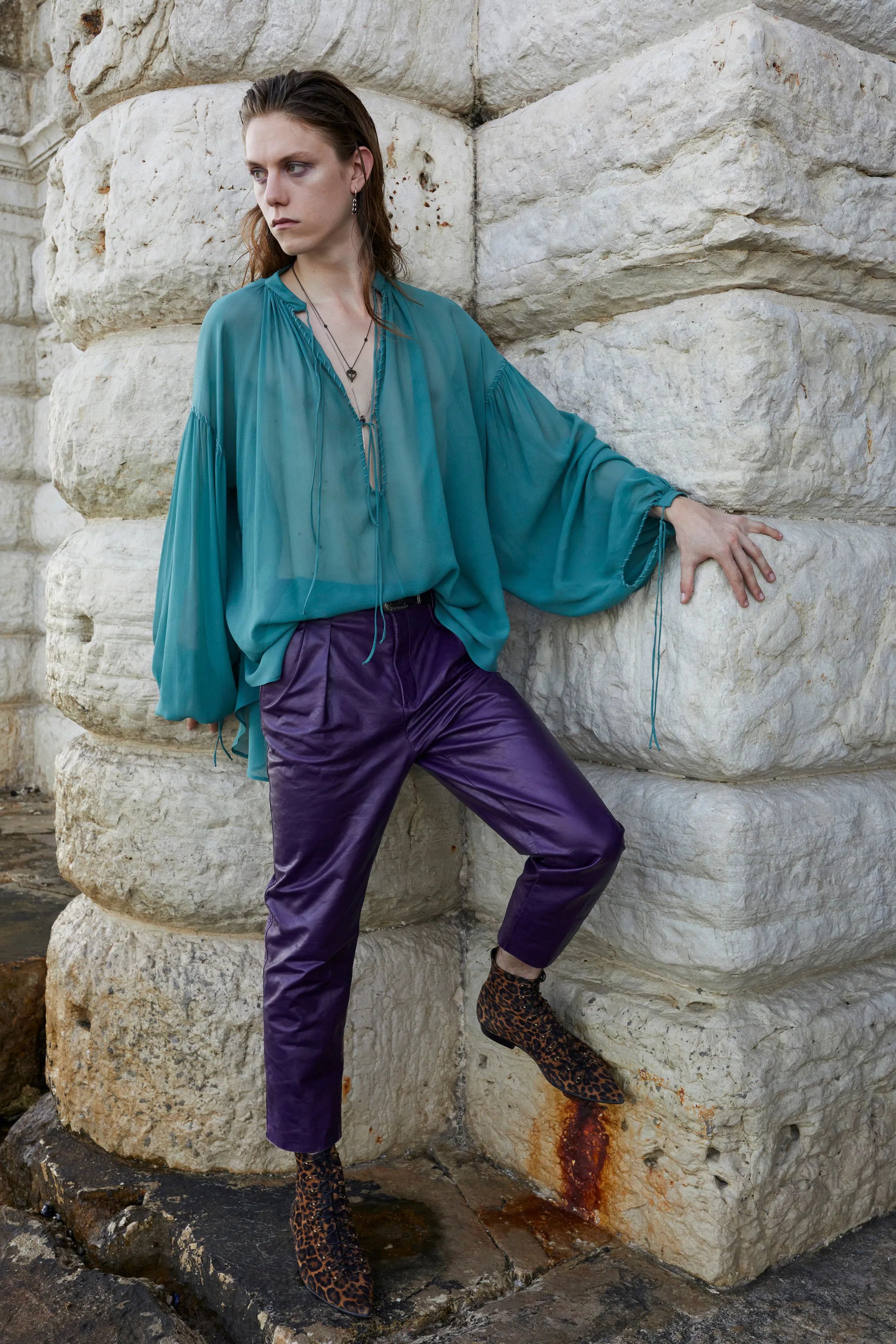 Saint Laurent Paris SS22 Saint Laurent Blouse in Silk Georgette Teal Size US L / EU 52-54 / 3 - 1 Thumbnail