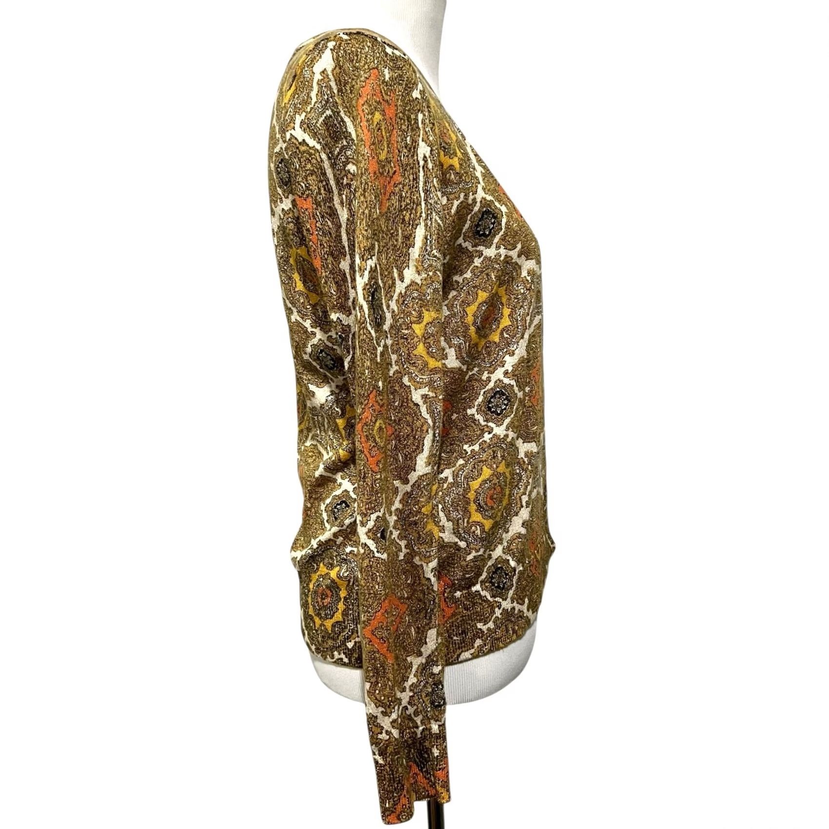 Talbots Talbots Cardigan Sweater Medallion Metallic Tapestry Print Lightweight Gold Sz M Womens Knit Crew Neck Long Sleeve Size M / US 6-8 / IT 42-44 - 6 Thumbnail