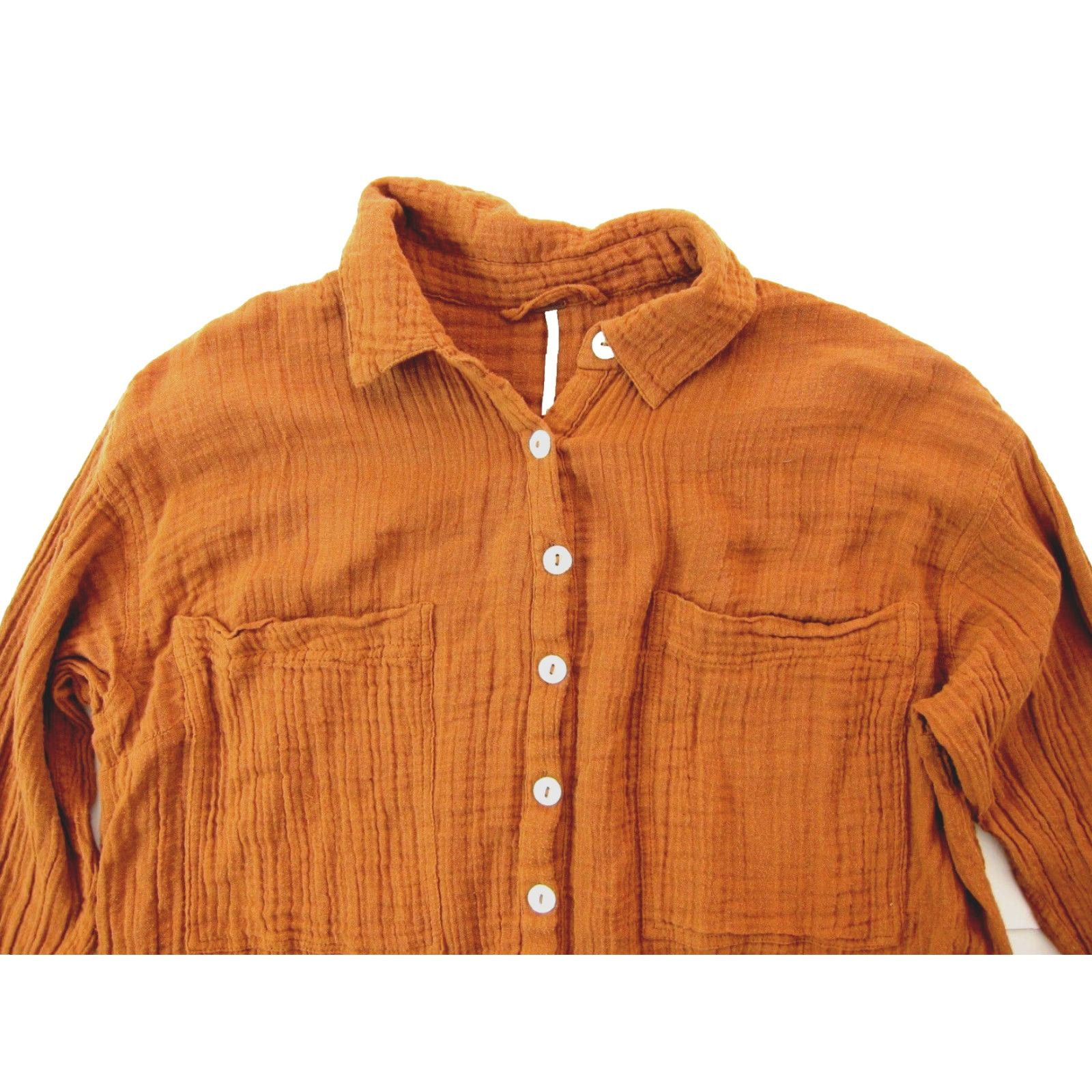 Free People Free People Collared Long Sleeve Oversize Blouse S Orange Cotton Gauze Women’s Size S / US 4 / IT 40 - 3 Thumbnail