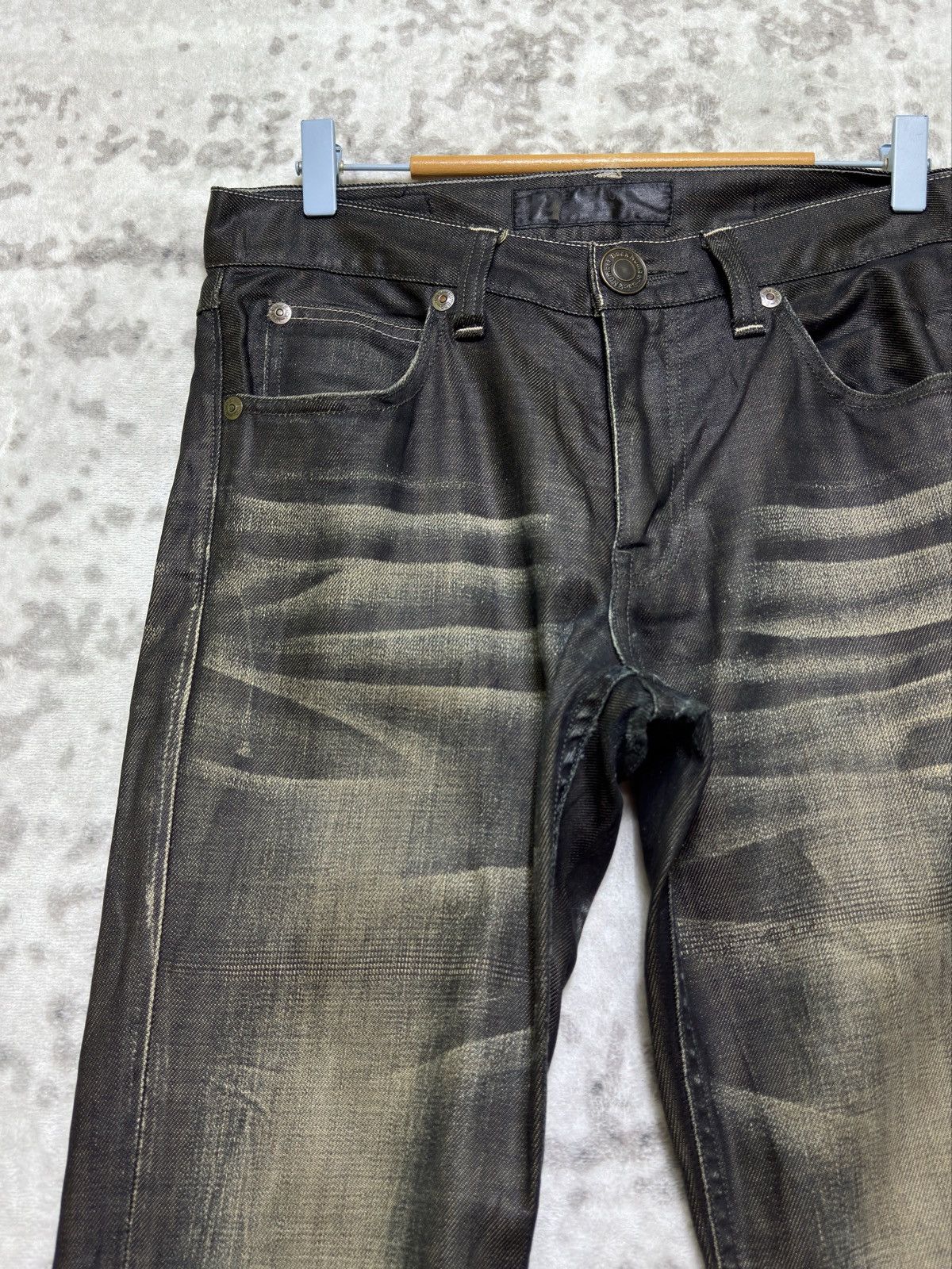 Vintage Vintage Back Number Waxed Black Distressed Denim Jeans Size US 31 - 4 Thumbnail