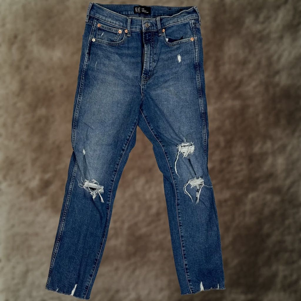 Gap VINTAGE Gap High Rise Slim Jeans Womens 6/28 Blue Medium Wash Distressed Denim Slim Straight 5-Pocket Womens Jeans Size 28" / US 6 / IT 42 - 1 Thumbnail