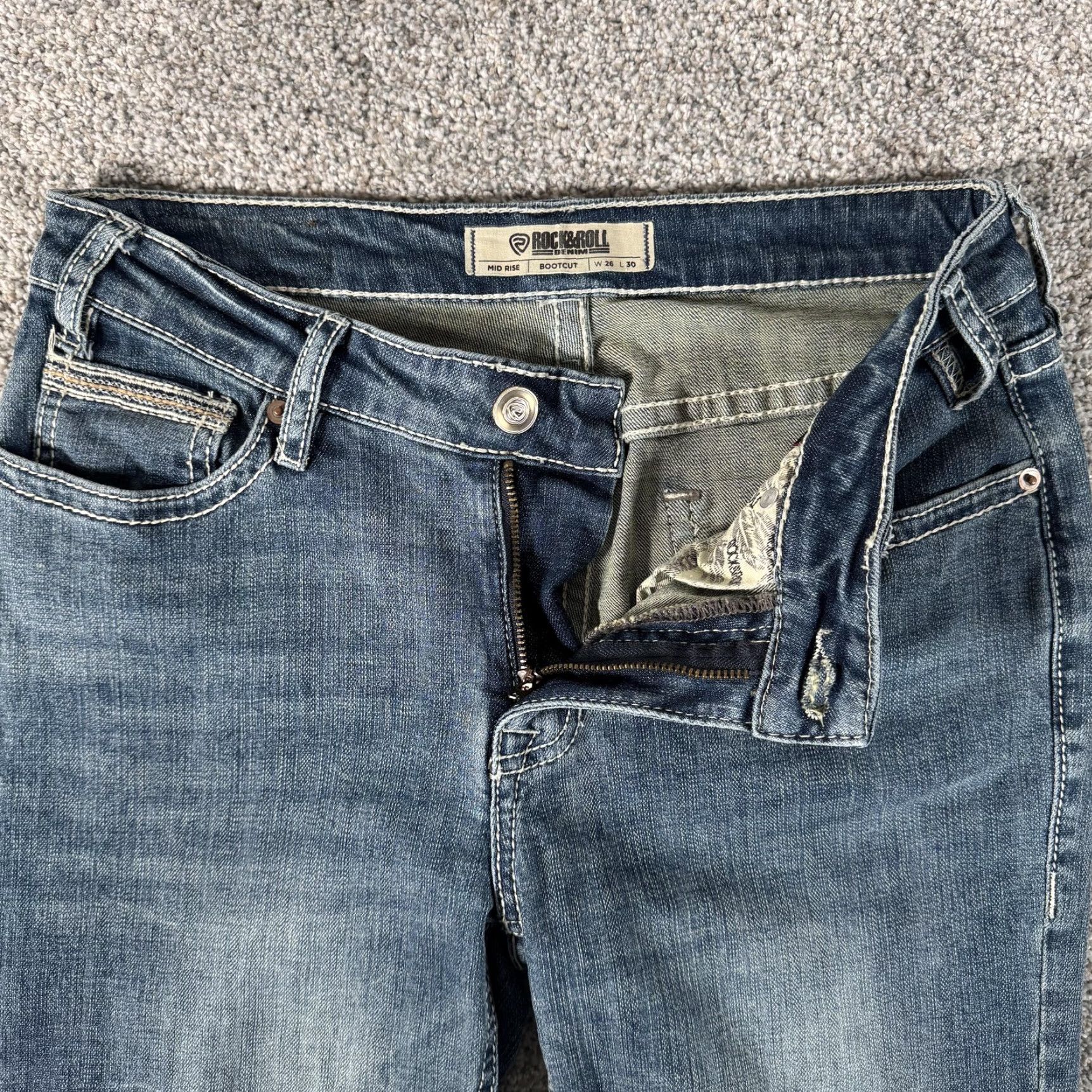 Denime Rock & Roll Denim Jeans Womens 29x28.5 Blue Mid Rise Bootcut Embroidered Aztec Studded Pockets Size 29" - 6 Thumbnail