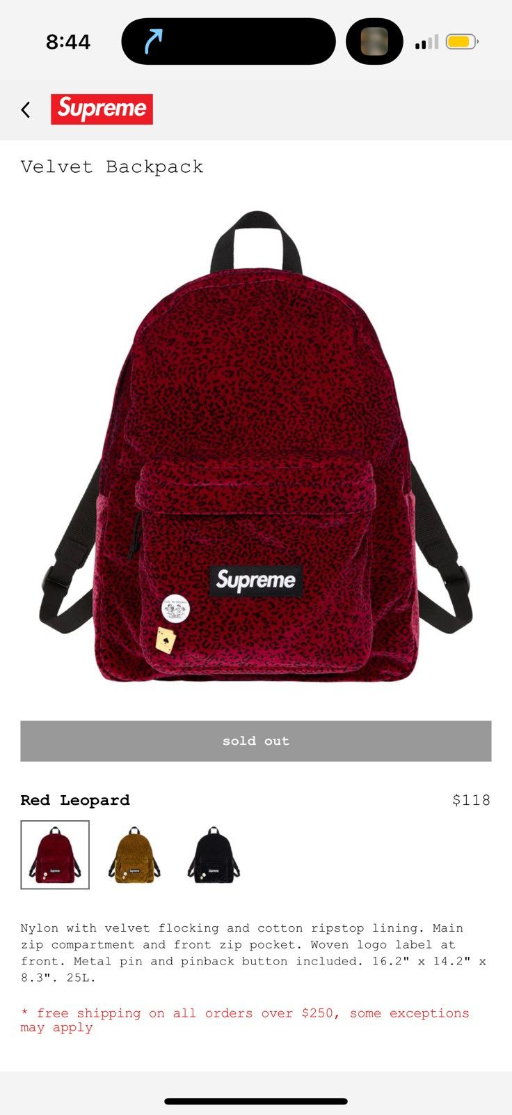 Pre-owned Supreme Red Leopard Velvet Backpack