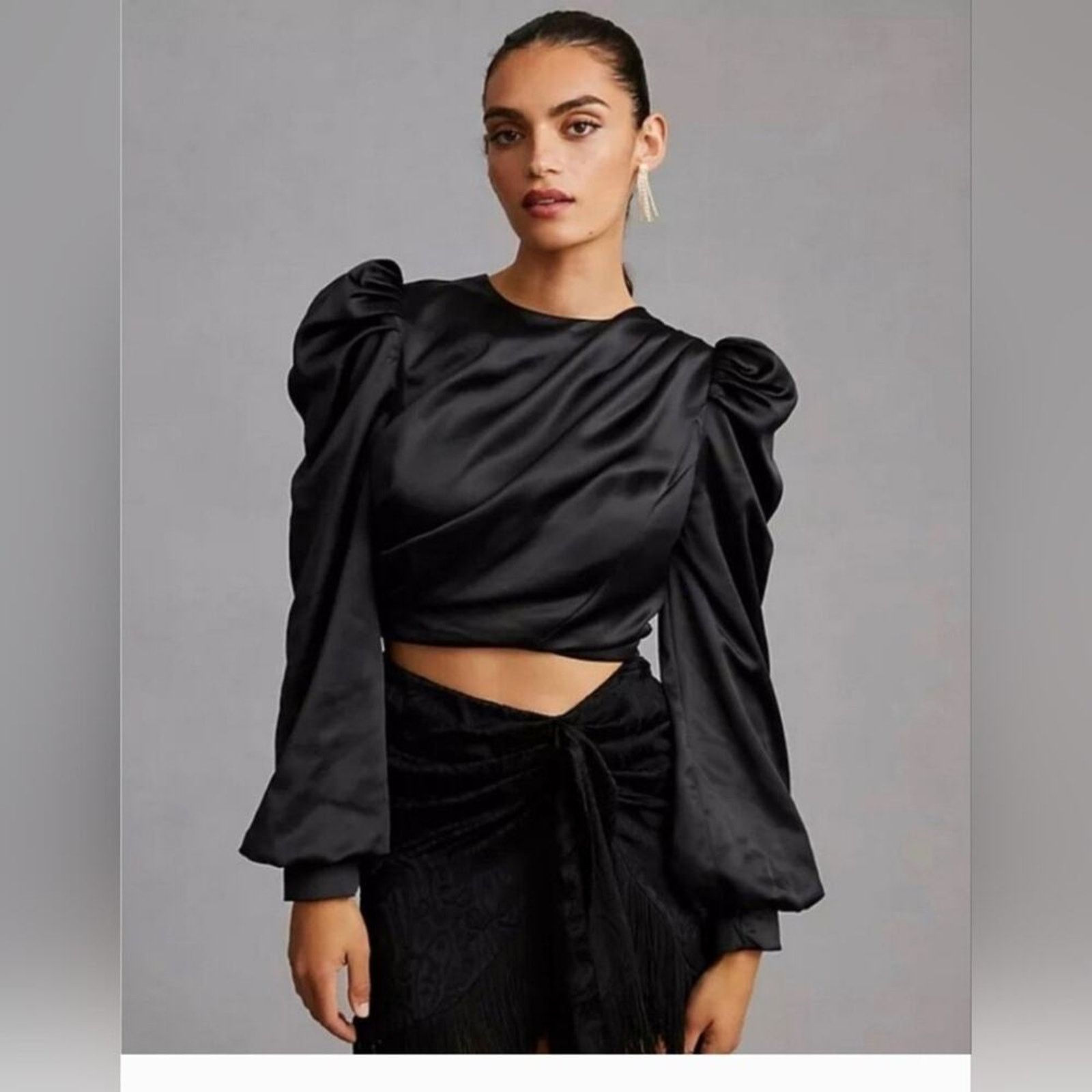 Mare Mare Anthropologie Puff-Sleeve Top cropped black satin