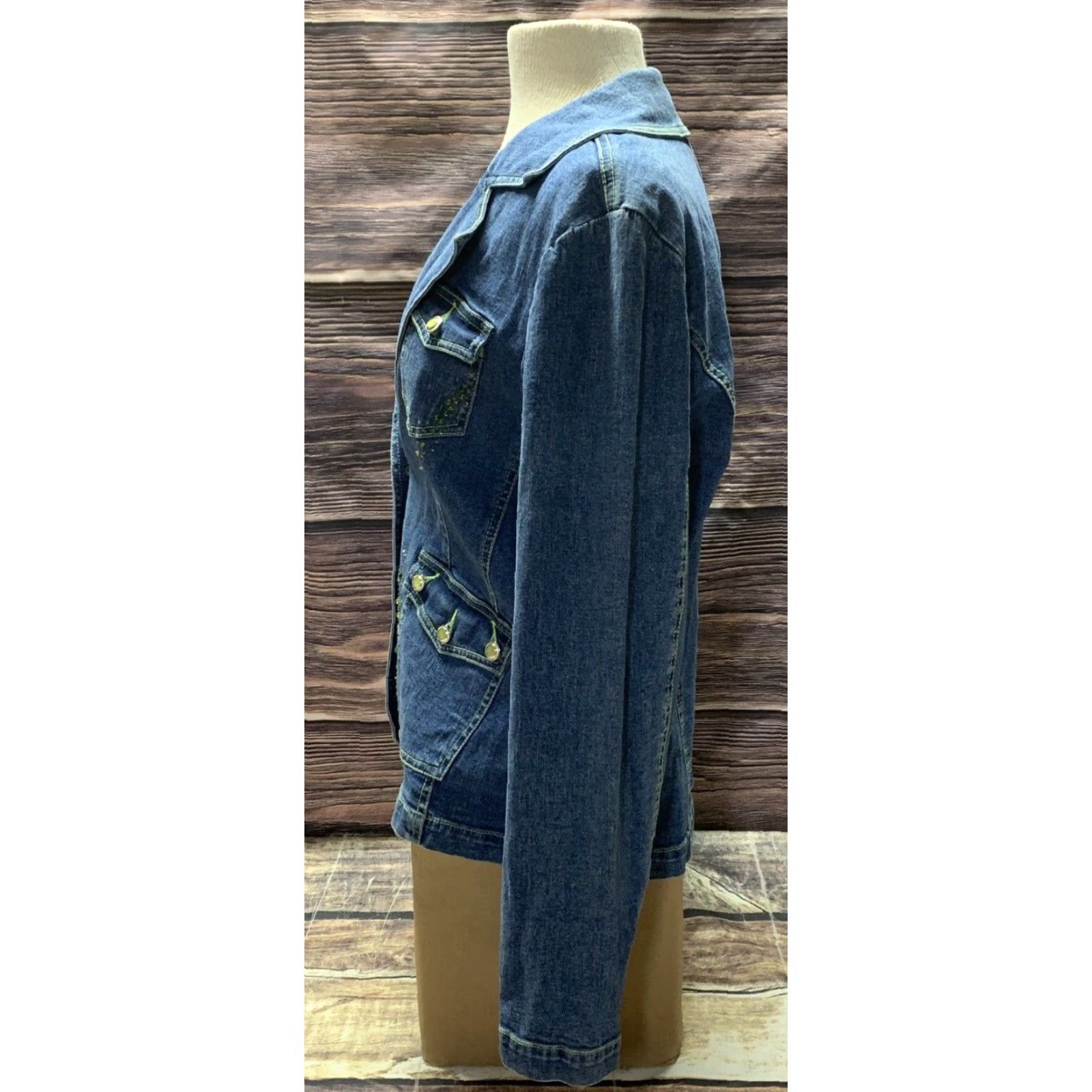 Denime Patchington Denim Jacket Light Weight Gemmed Buttons Mint Green Stitching Medium Jacket Women M Blue Denim New Kangaroo Pocket Hand Wash Only Size M / US 6-8 / IT 42-44 - 4 Thumbnail