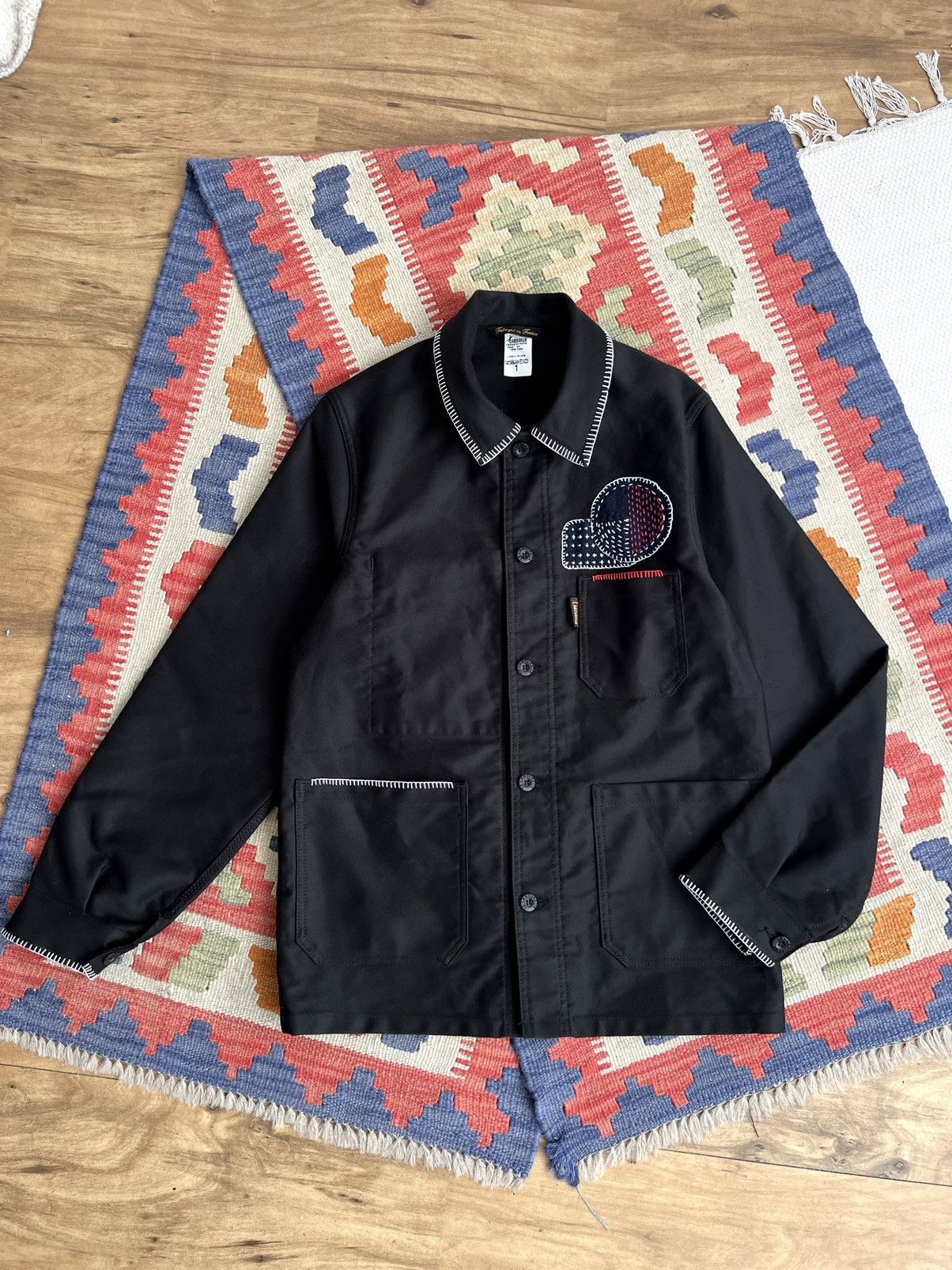 Le Laboureur 🇫🇷Le Laboureur Black Moleskin Sashiko Patched Chore Jacket Size US S / EU 44-46 / 1 - 5 Thumbnail
