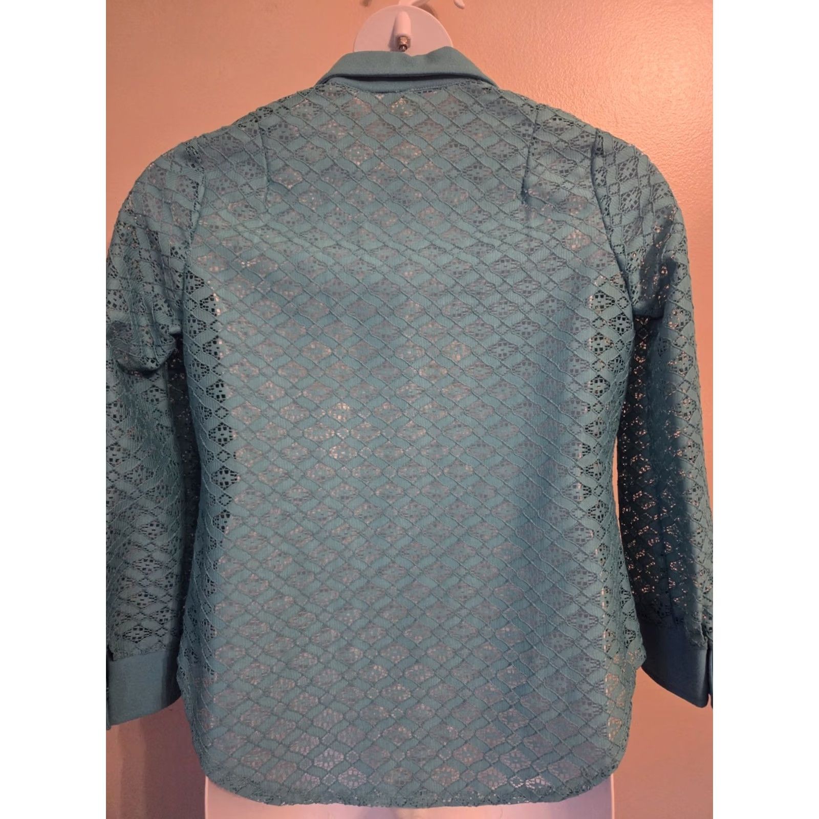 Vintage VINTAGE Teal Sheer Lace Blouse Top Plus 16.5 1970s Polyester Fortrel Shirt Womens Size XXL / US 16-18 / IT 52-54 - 5 Thumbnail