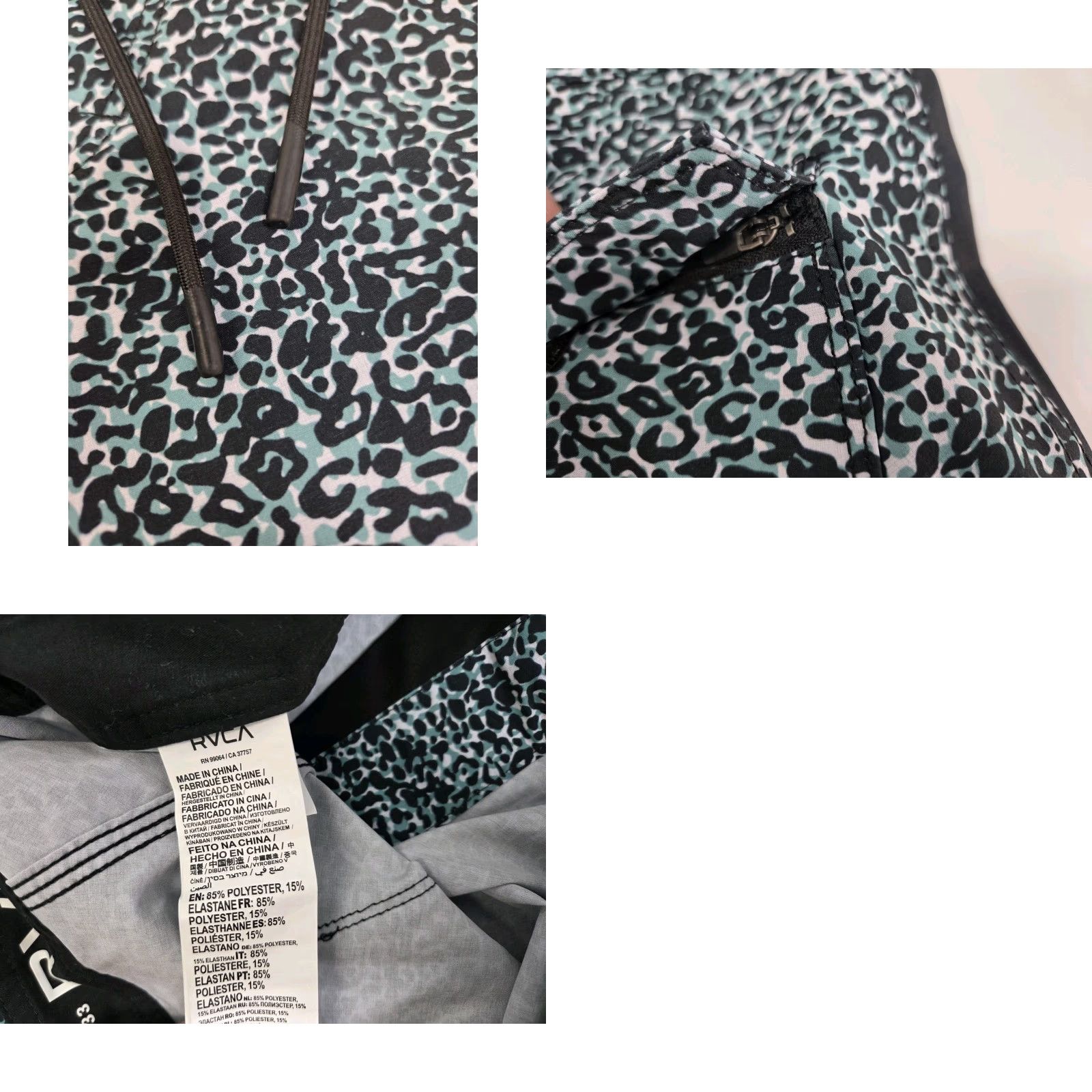 RVCA RVCA VA Board Shorts Men 33/8" Back Pocket Zip Drawstring Multicolor Green Black White Animal Print Hawaiian Quick Dry Stretch Beach Surfing Men 33 Size US 33 - 8 Thumbnail