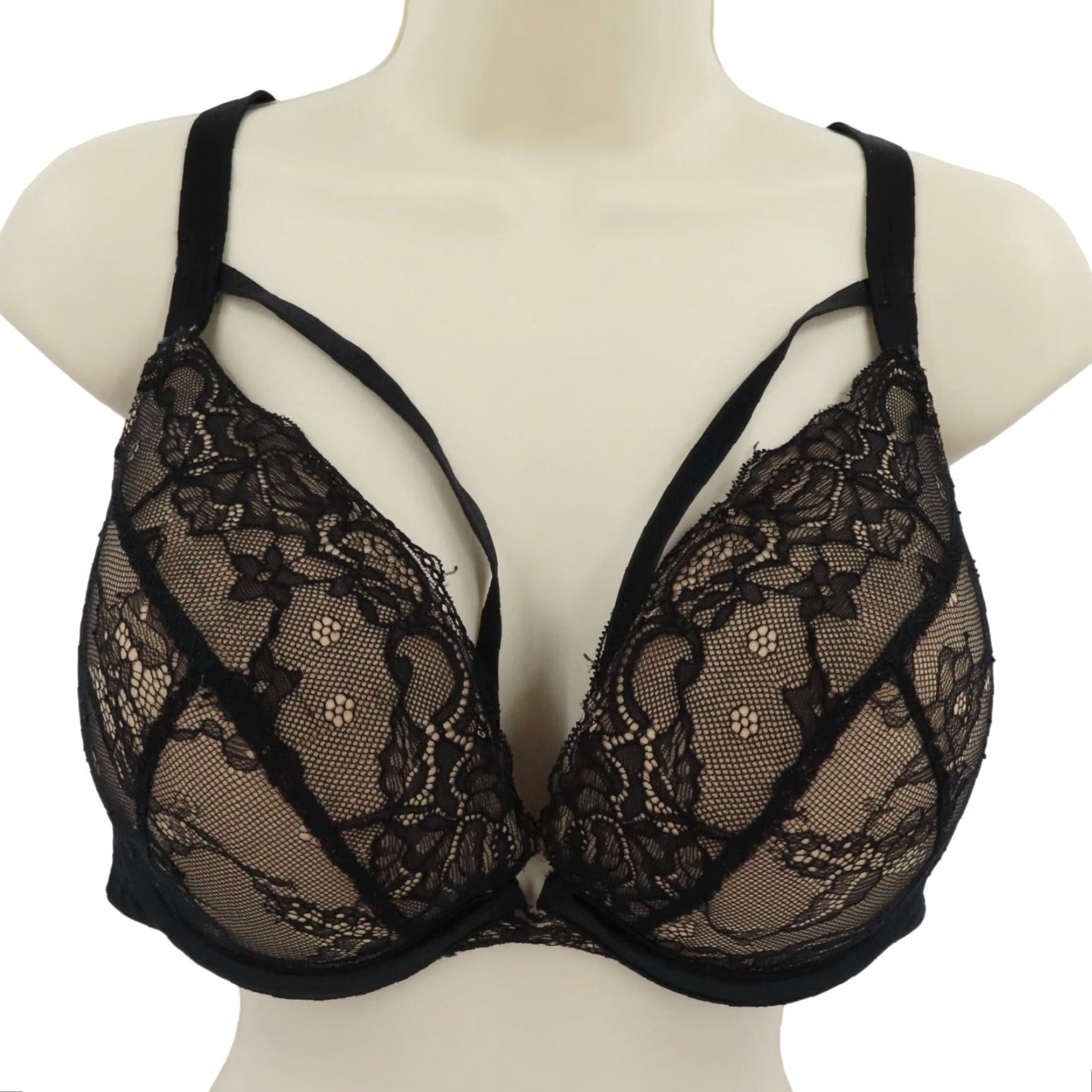 Vintage Cacique Bra 42D Black Floral Lined Underwire Plus Size 42D T-Shirt Style Women Cups D Strappy Hook & Eye/ adjustable straps Size ONE SIZE - 2 Thumbnail