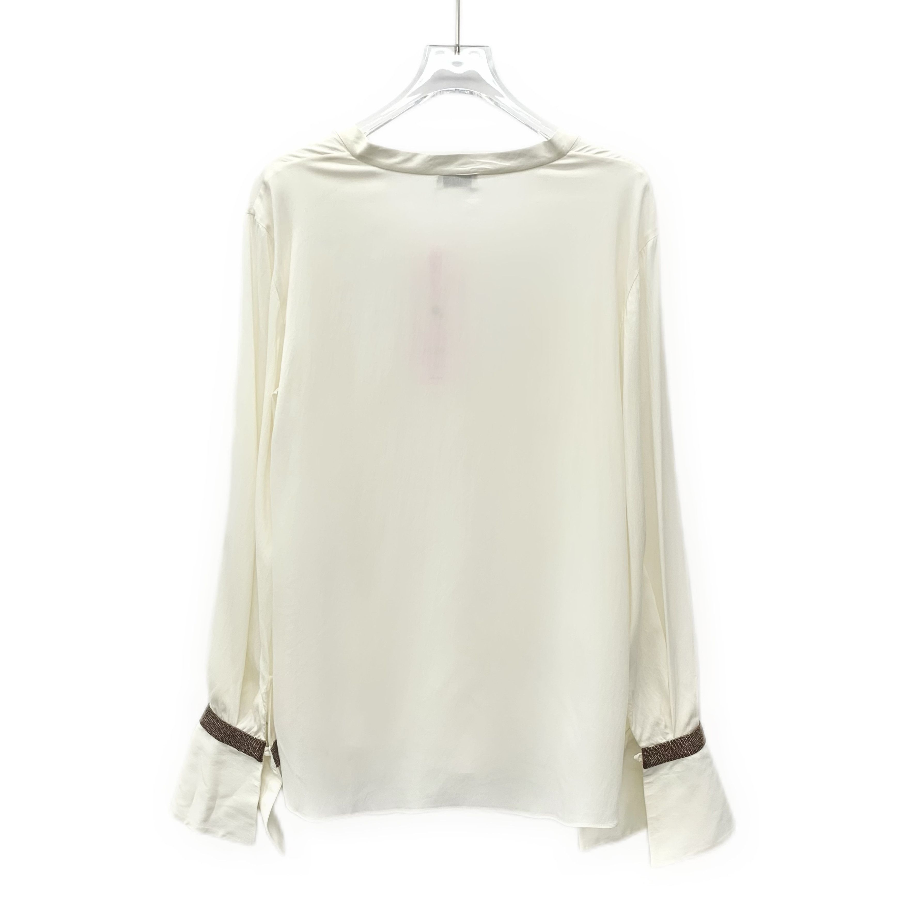 Brunello Cucinelli CW0378 Brunello Cucinelli V-Neck Cream Silk Blouse Size L / US 10 / IT 46 - 2 Thumbnail