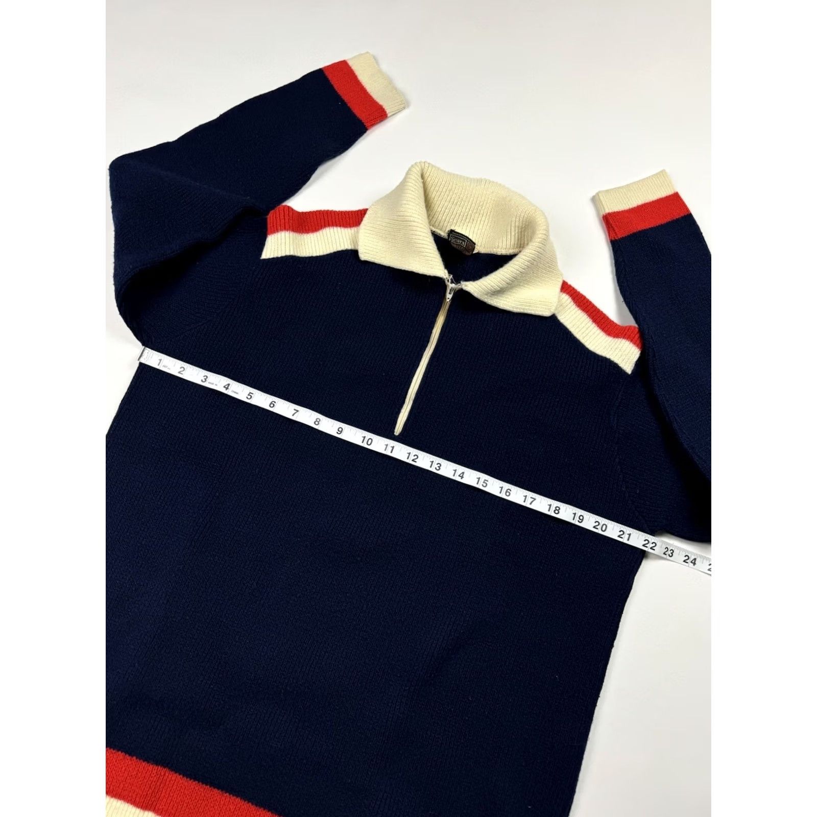 Sears VINTAGE Sears Sweater Wool 1/4 Zip Pullover Striped Knit Unisex Adults L Red 70s Mens Womens Boys Girls Size US L / EU 52-54 / 3 - 5 Thumbnail