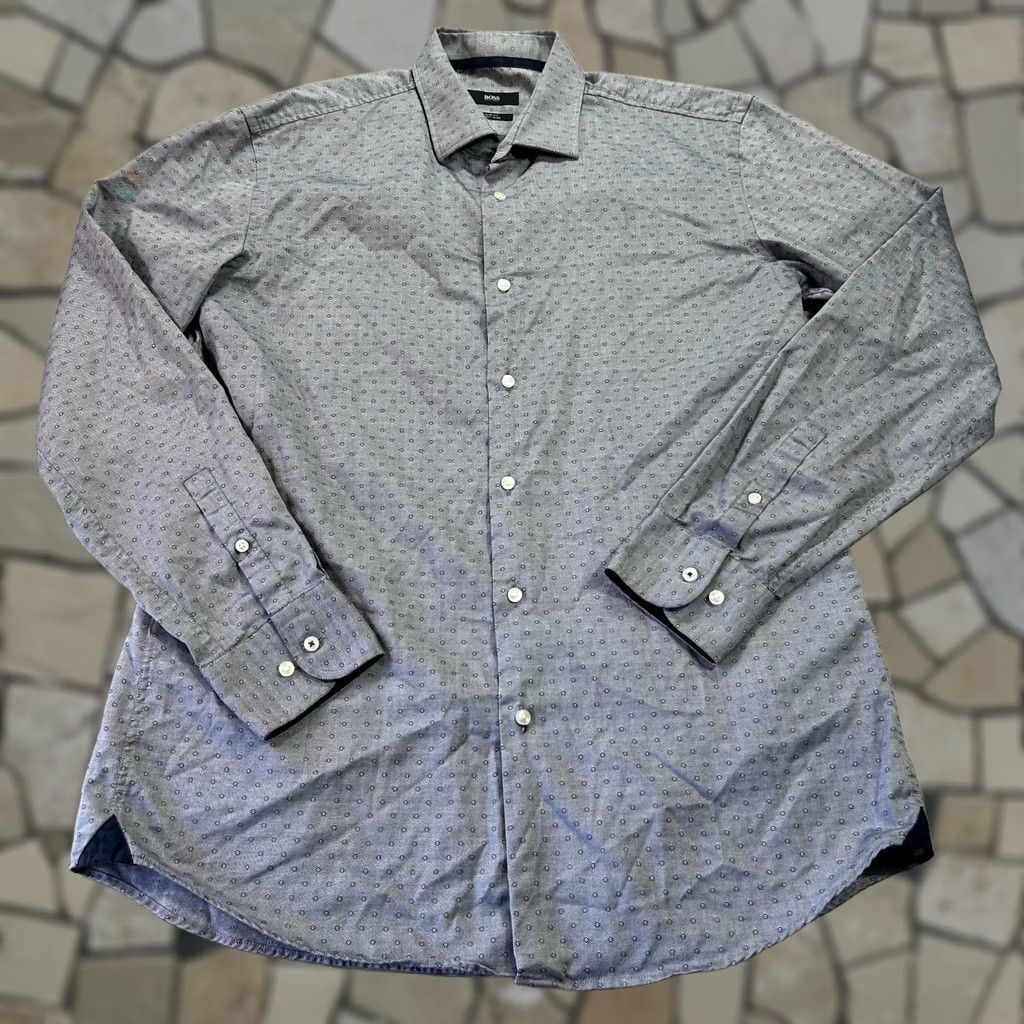 Hugo Boss HUGO BOSS Dress Shirt Mens 16 Slim Geometric Blue Easy Iron 34/35 Cotton Shirt Mens 16 neck sleeve Geometric Pattern Business Size 42R - 1 Thumbnail