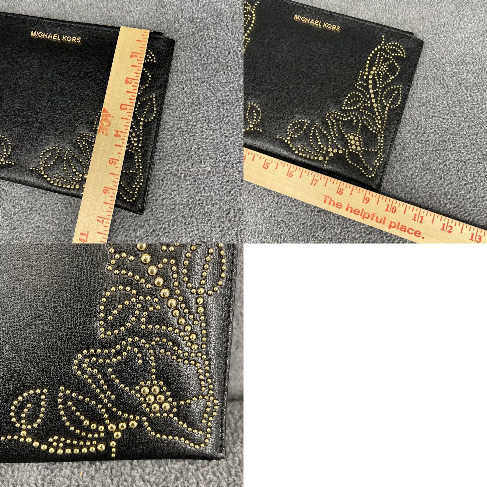 Michael Kors Michael Kors Wristlet Clutch Womens Floral Zip Pouch Bag Purse Black Gold Studded Leather MK Ava Clutch Womens Size ONE SIZE - 8 Thumbnail