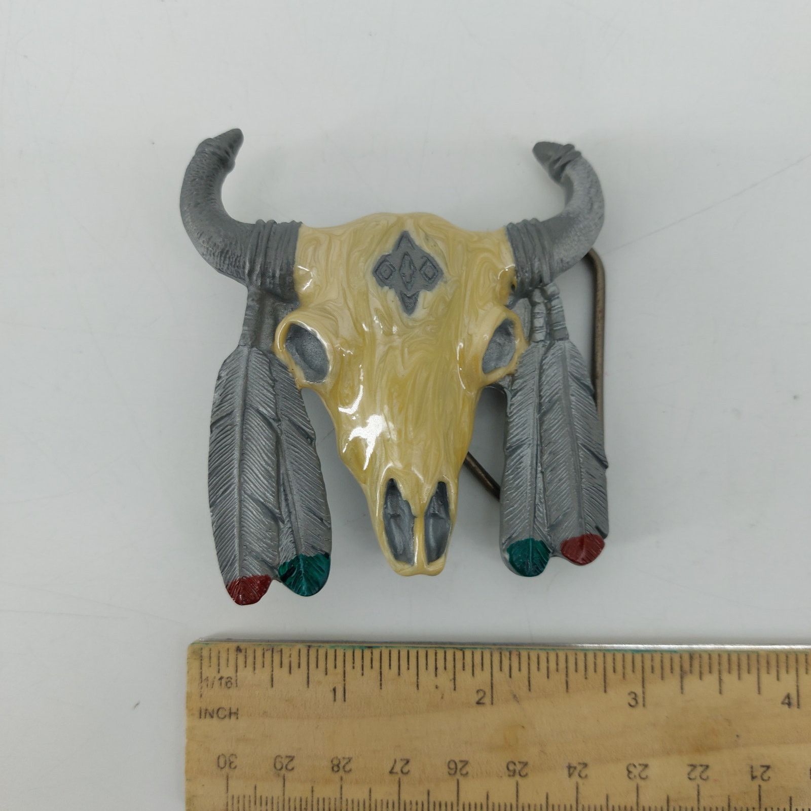 Vintage Western Skull 1992 Belt Buckle Feather Boho Cowboy Festival Size ONE SIZE - 3 Thumbnail