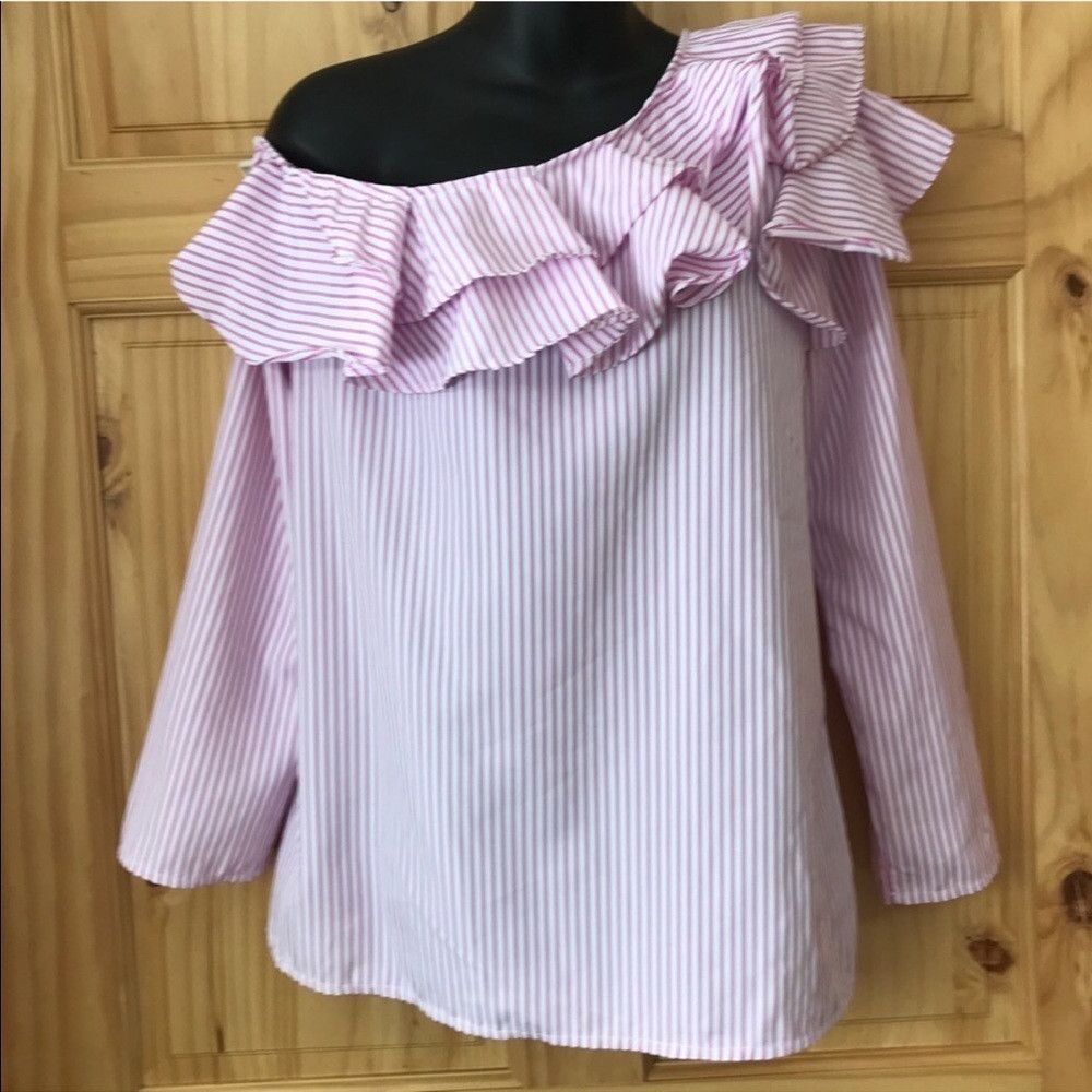 The Unbranded Brand Double Ruffle pink white Striped One Shoulder Blouse large Size L / US 10 / IT 46 - 5 Thumbnail