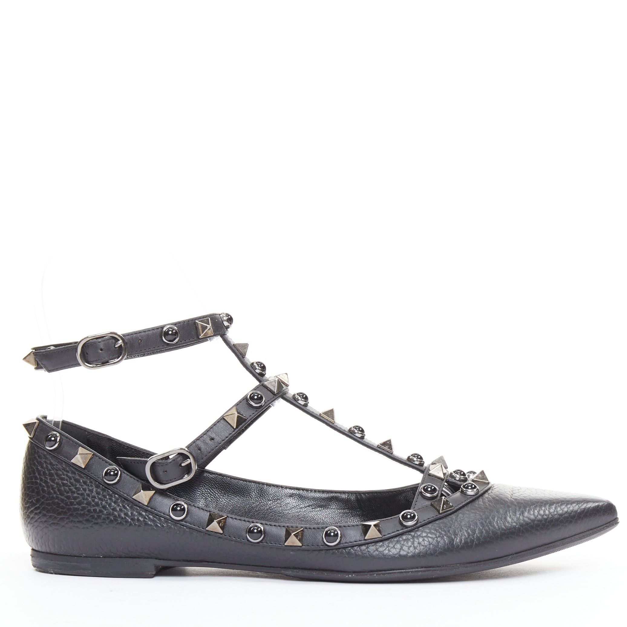 Valentino VALENTINO Rockstud black textured calf mixed stone stud caged ballet flats EU37.5 Size US 7.5 / IT 37.5 - 1 Thumbnail