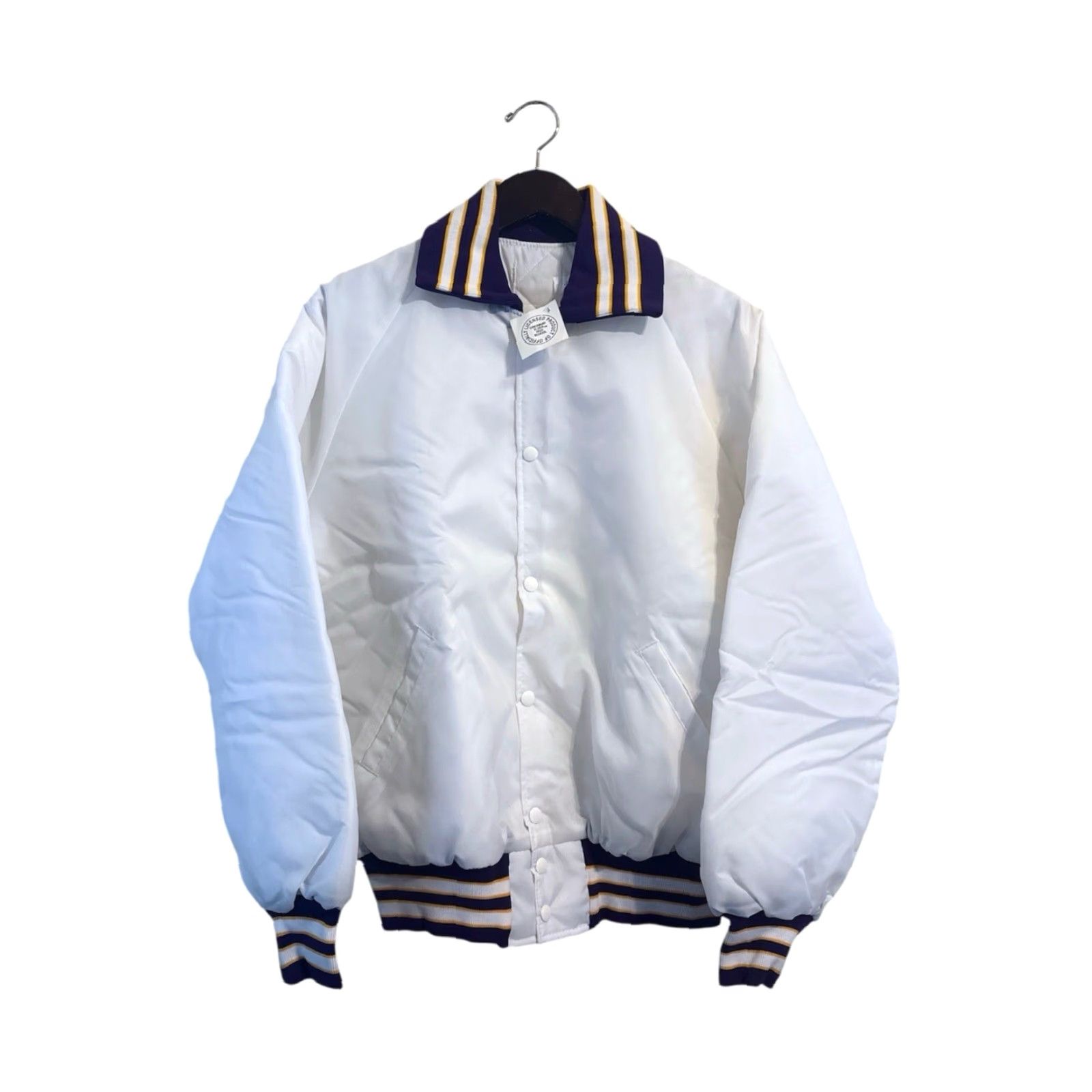 Vintage VINTAGE Elder High School Satin Jacket Mens L Deadstock NWT White Purple Gold Trim 80s Bomber USA Size US L / EU 52-54 / 3 - 5 Thumbnail