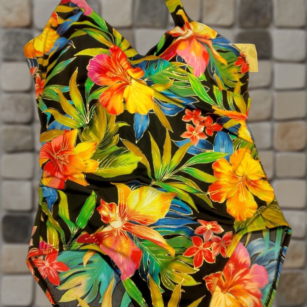 Vintage VINTAGE Islander Women's 1 Piece Swimsuit Tropical Floral Faux Wrap Halter Tank Bathing Suit Size 16 Beach Vacation Size XXL / US 16-18 / IT 52-54 - 1 Thumbnail