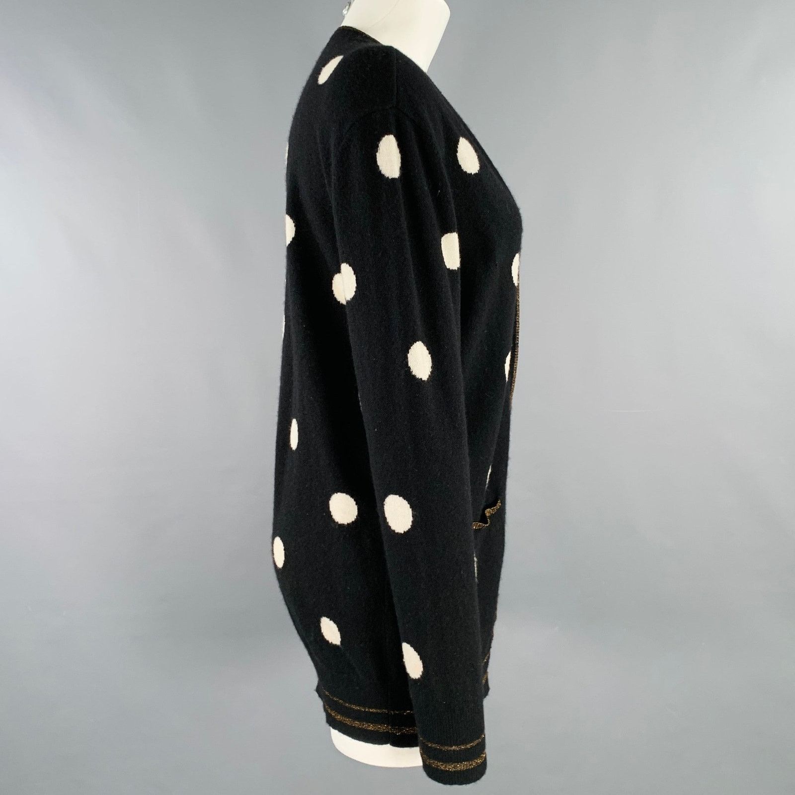 Le Superbe S Black White Wool Cashmere Polka Dot V-Neck Cardigan Size S / US 4 / IT 40 - 2 Thumbnail