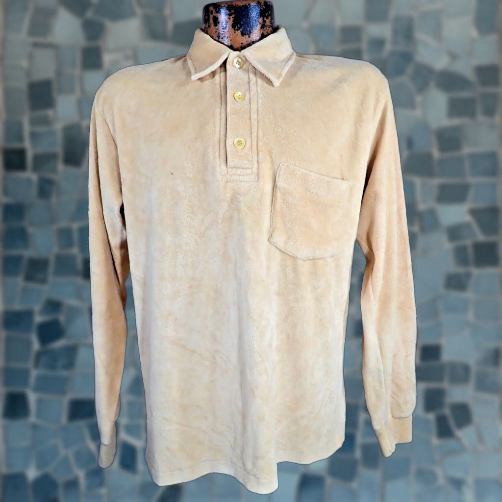 Velvet **VINTAGE L.S. Ayres 50s Long Sleeve Tan Velvet Pullover Shirt Adult Medium Rockabilly 1970s Mens** Size US M / EU 48-50 / 2 - 1 Thumbnail