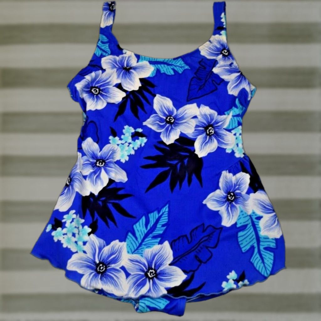 VINTAGE Jantzen Swimsuit One Word: Ocean Blue Hawaiian Flowers Made USA 80s
