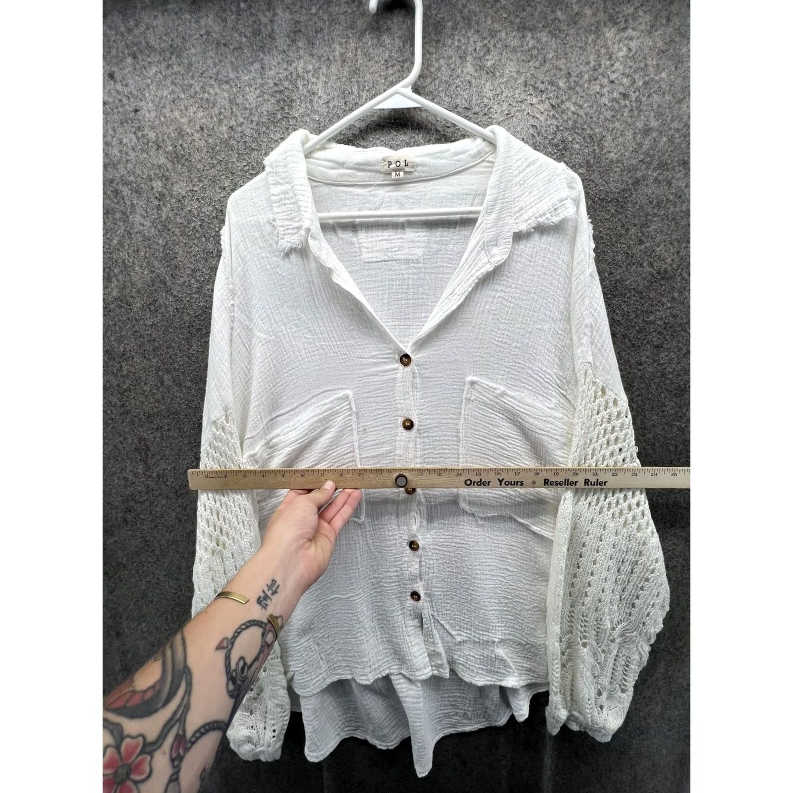 Vintage POL Tunic Blouse Womens M White Crochet Balloon Sleeve Button Front Top Size M / US 6-8 / IT 42-44 - 4 Thumbnail