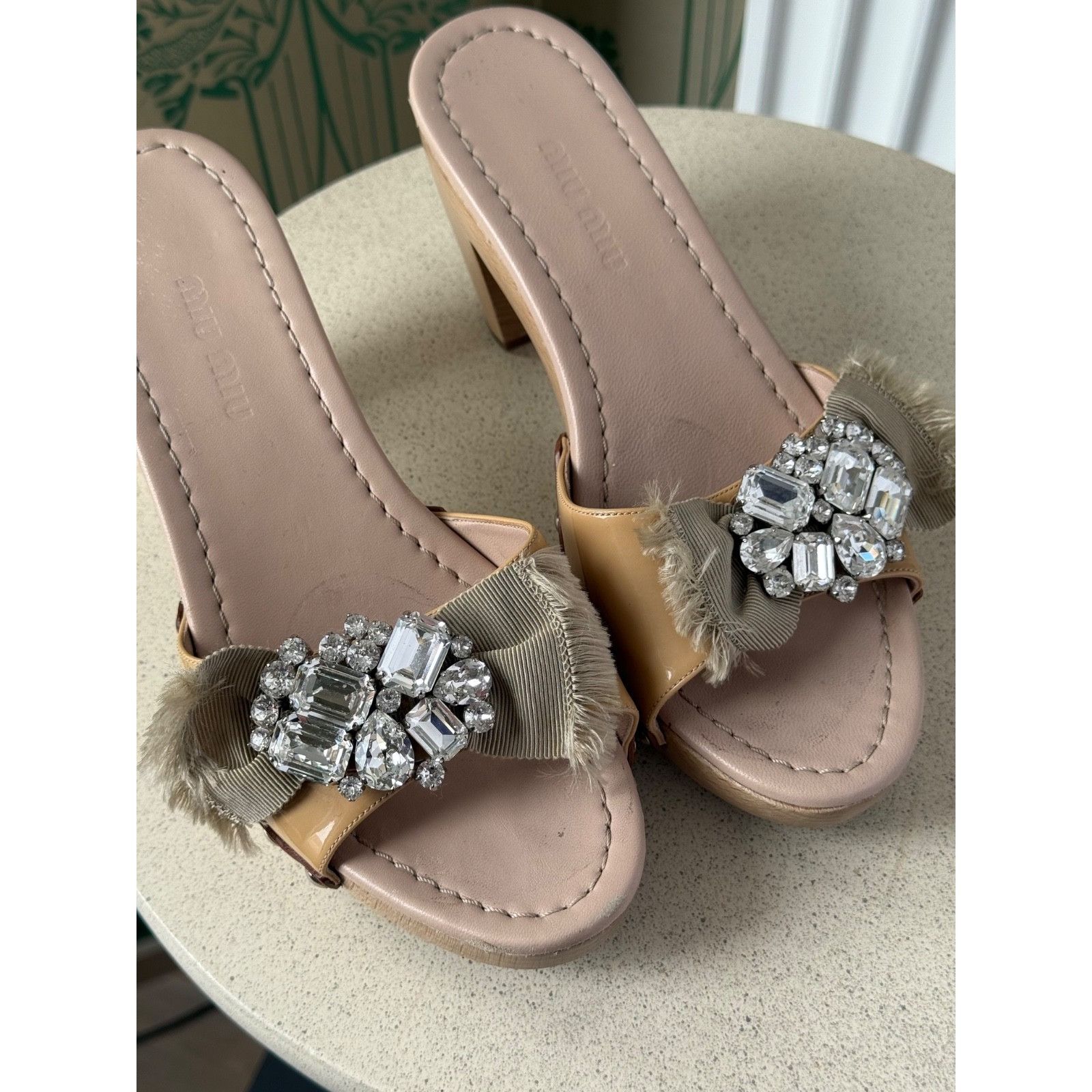 Miu Miu Miu Miu Beige Patent Leather Crystal Embellished Clogs Size US 6 / IT 36 - 5 Thumbnail