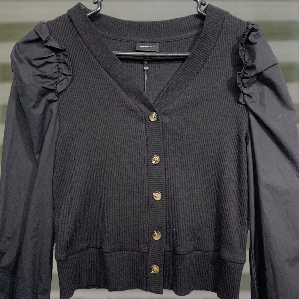 Vintage WHO WHAT WEAR Pullover Top Women XS Black V-Neck Knit Body Blousy Sleeves NWT Size XS / US 0-2 / IT 36-38 - 1 Thumbnail