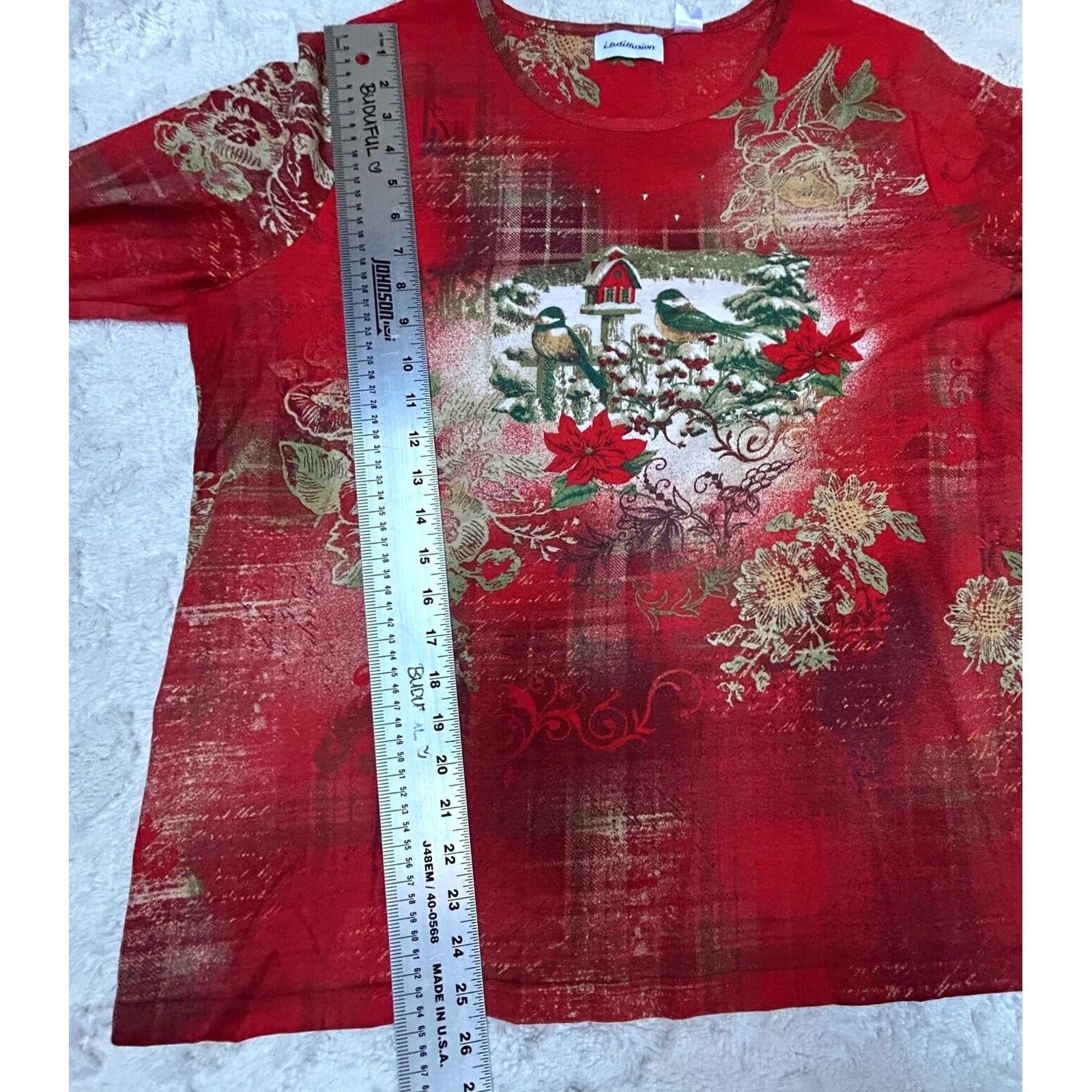 Vintage I. B. Diffusion Womens XL T-Shirt Birds Birdhouse Embellished Red/Gold Size XL / US 12-14 / IT 48-50 - 7 Thumbnail