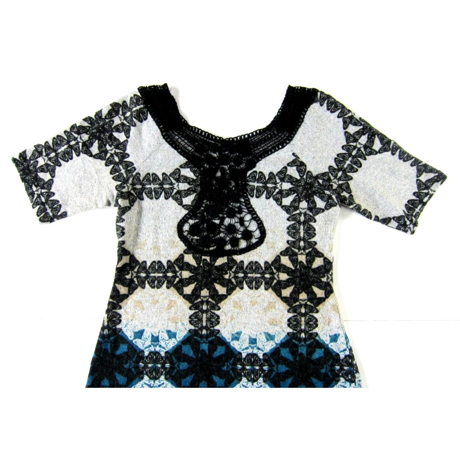 Vintage Angie Black Grey Blue Brown Knit Stretch Embroider Short Sleeve Sweater Dress M Size M / US 6-8 / IT 42-44 - 4 Thumbnail