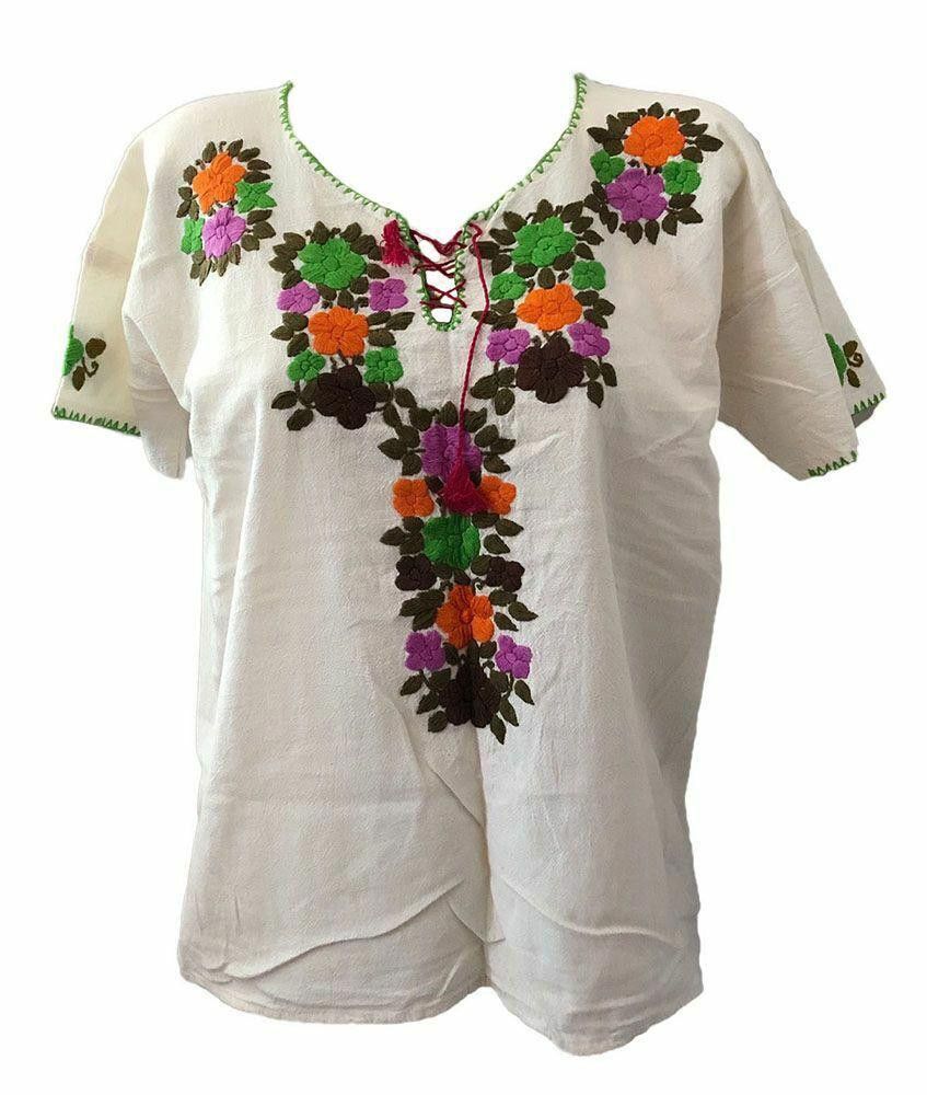 Designer Used White Hand Made Embroidered Floral Blouse L Size L / US 10 / IT 46 - 1 Thumbnail