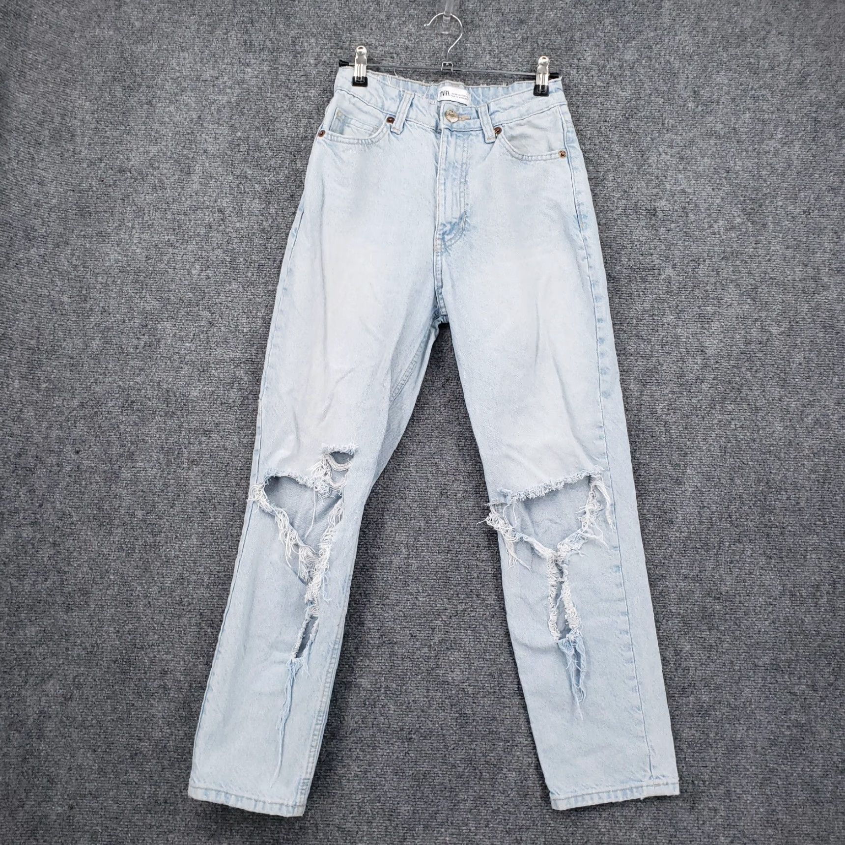 Zara ZARA Jeans Womens 2 Blue Straight Leg High Rise Ripped Light Wash Denim Zip Fly Jeans Size 26" / US 2 / IT 38 - 2 Thumbnail