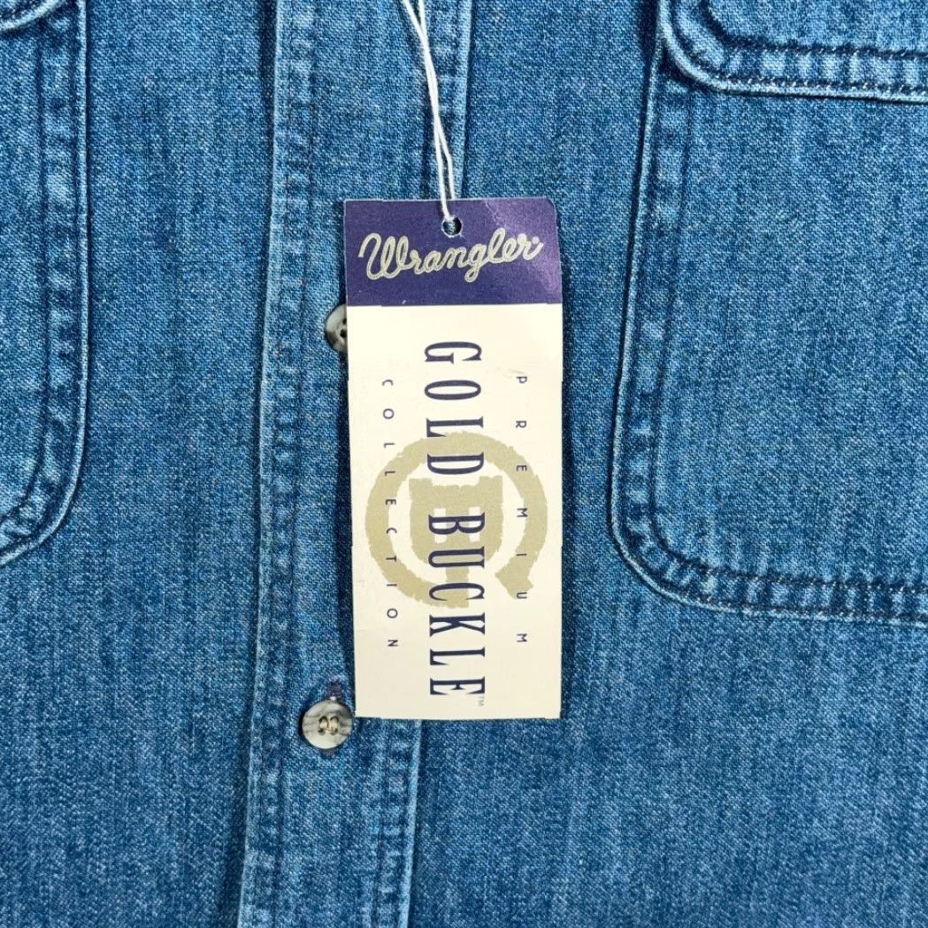 Wrangler VINTAGE Wrangler Shirt Adult MEDIUM Blue Denim Gold Buckle Deadstock Tags 90s Size US M / EU 48-50 / 2 - 6 Thumbnail
