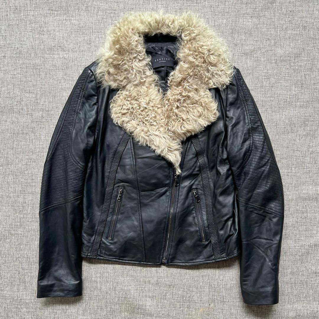 image of Bertine Fur Leather Jacket in Black, Women's (Size Small)