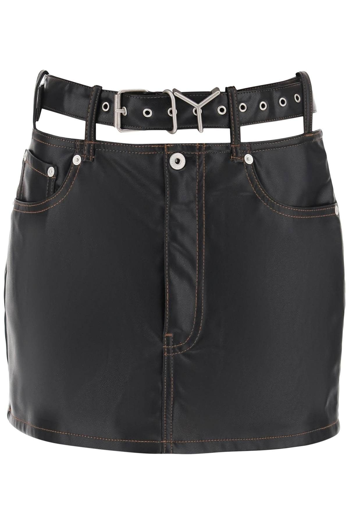 image of Yproject Y Belt Faux Leather Mini Skirt in Nero, Women's (Size 26)
