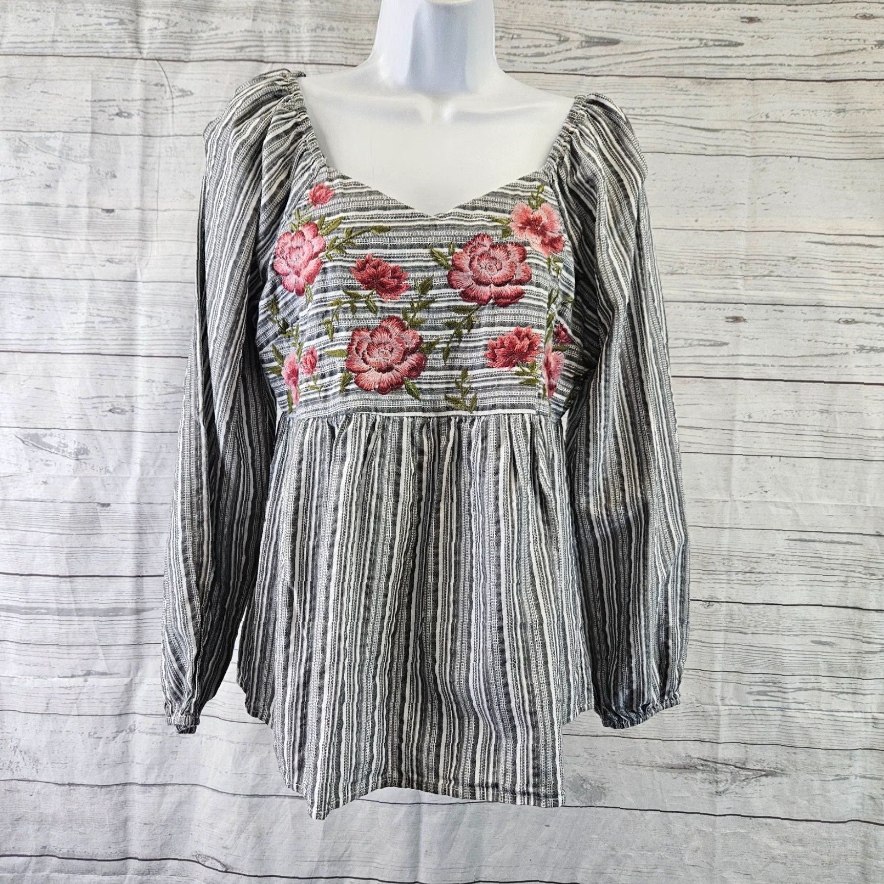 Pinko Savanna Jane Womens Blouse Size S Gray Pink Floral Stripe Embroidered Cotton Top Size S / US 4 / IT 40 - 2 Thumbnail
