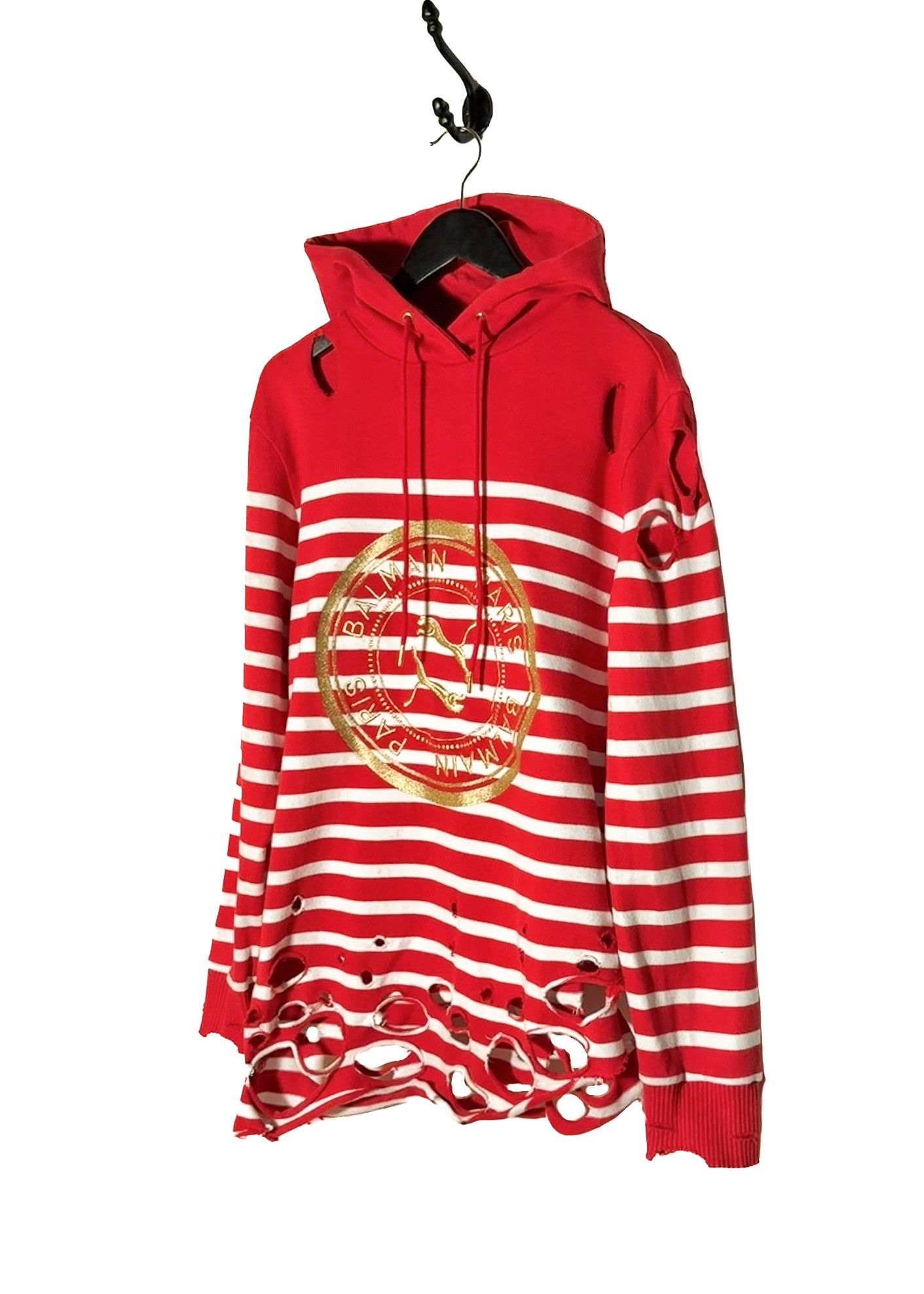 Balmain × Puma Balmain X Puma Red Striped Embroidered Distressed Hoodie Size US S / EU 44-46 / 1 - 2 Thumbnail
