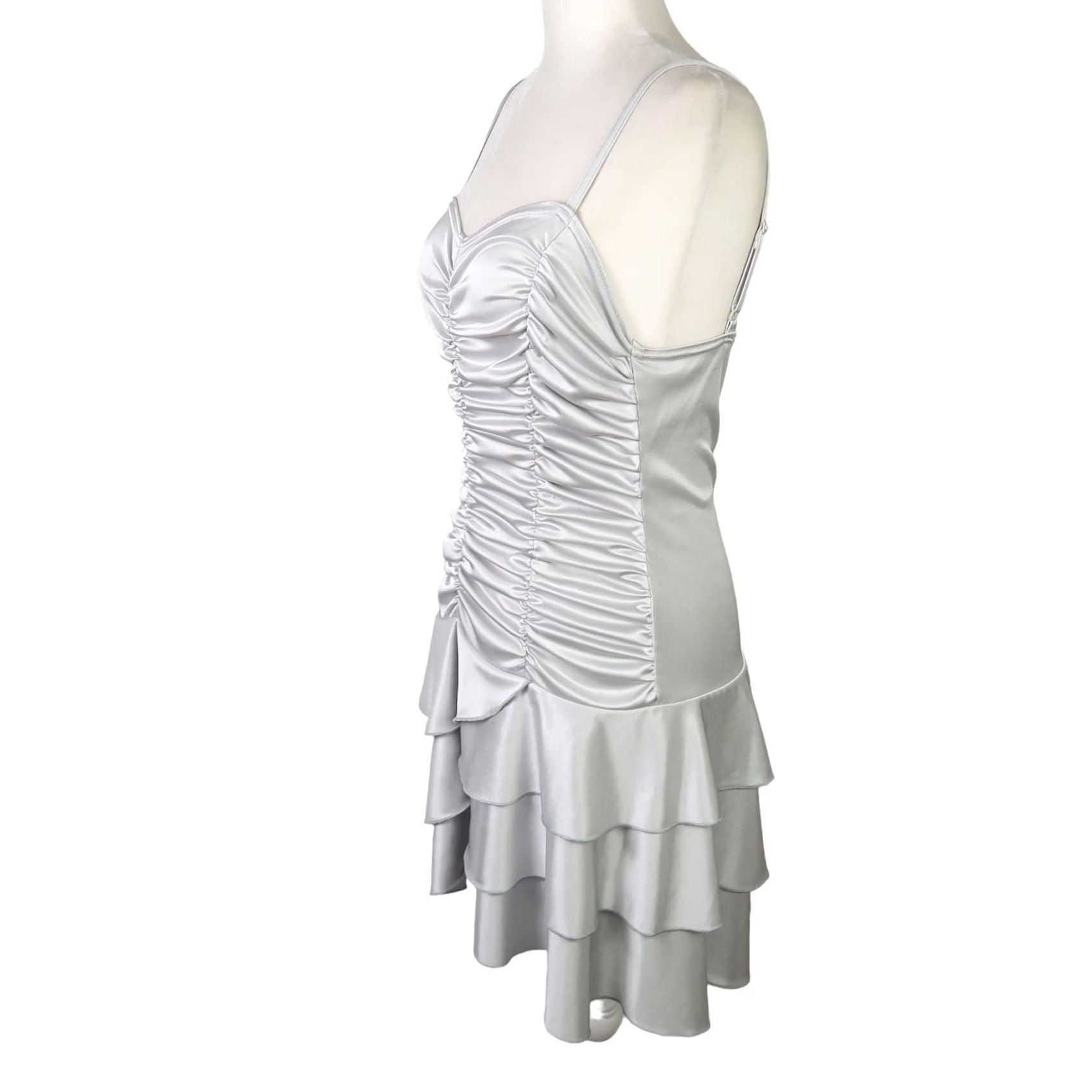Vintage VINTAGE 90s silver grey satin ruched frilly mini party dress S Size S / US 4 / IT 40 - 3 Thumbnail