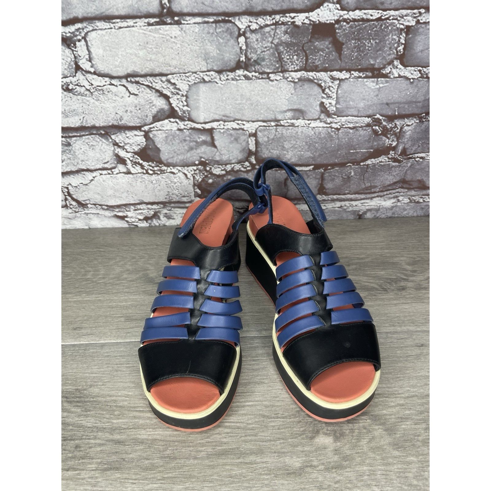 Camper Camper Tropic Black Blue Leather Ankle Strap Wedge Sandals W Size US 5.5 / IT 35.5 - 16 Thumbnail