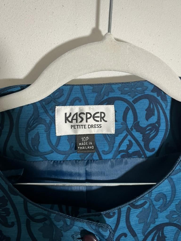 Designer Elegant Kasper Petite Dress - Vibrant Teal Print Size L / US 10 / IT 46 - 2 Thumbnail
