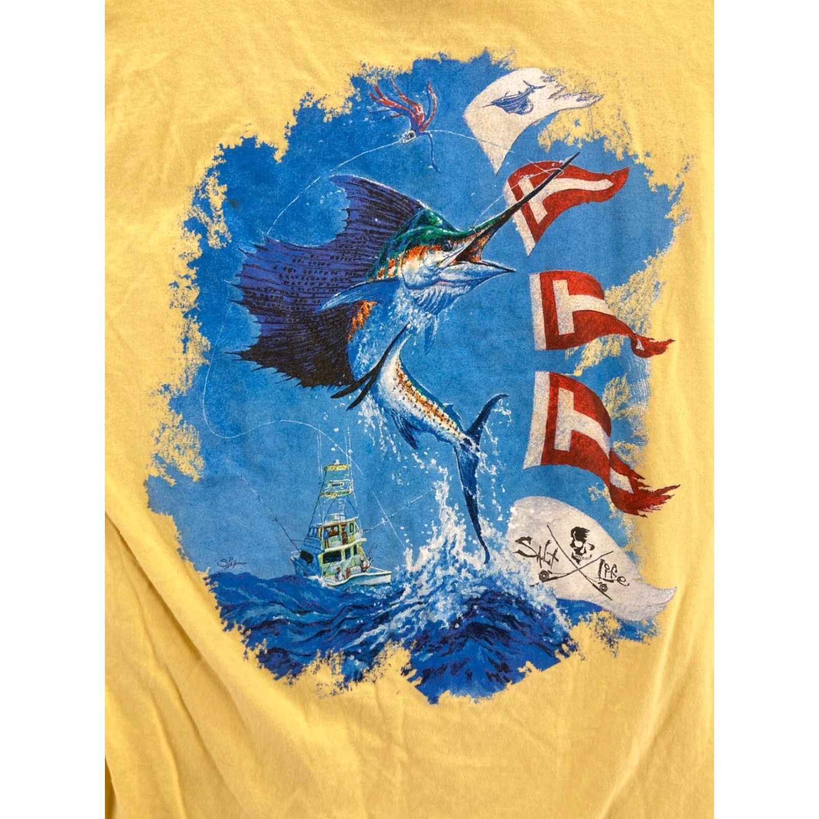 Vintage Salt Life T-Shirt Mens L Yellow Marlin Flag Sailing Pocket Cotton Shirt Mens L Yellow Logo 90s Beach Ocean Graphic Tee Size US L / EU 52-54 / 3 - 5 Thumbnail