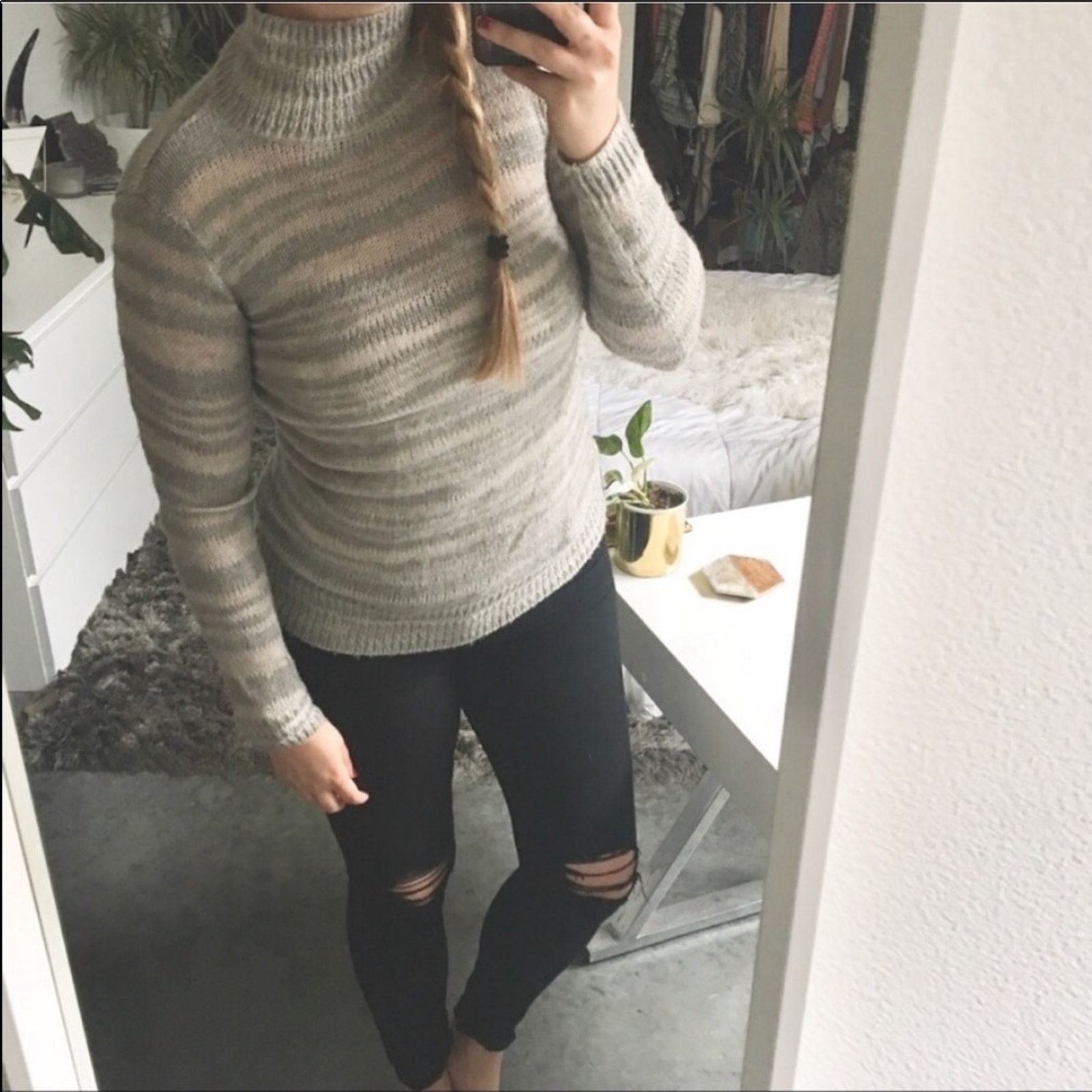 Anthropologie ANTHROPOLOGIE MOTH Stripe Turtleneck Grey White Wool Sweater Size S / US 4 / IT 40 - 3 Thumbnail