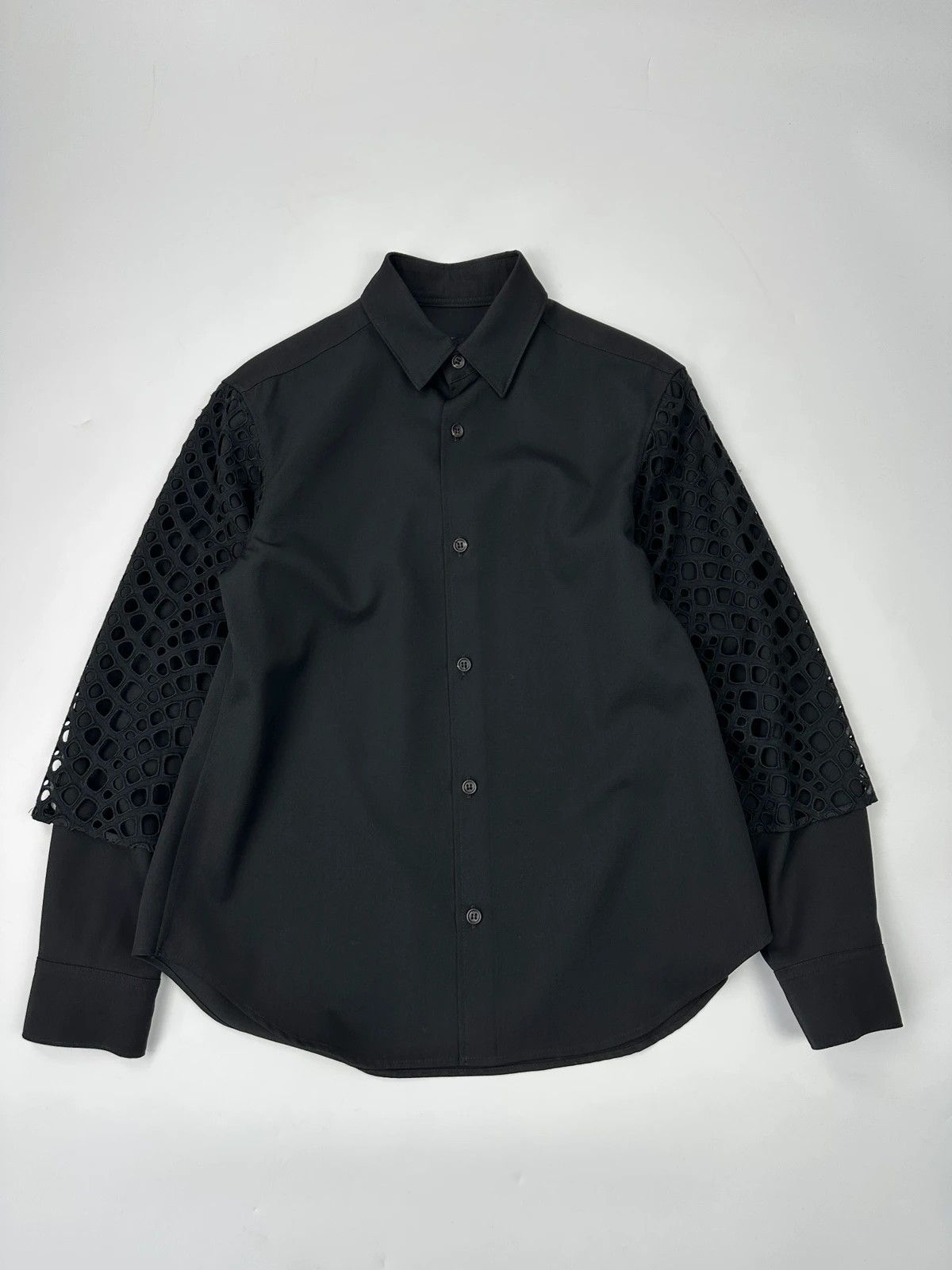 Y’s Yohji Yamamoto Black Wool Shirt Mesh Sleeves Details