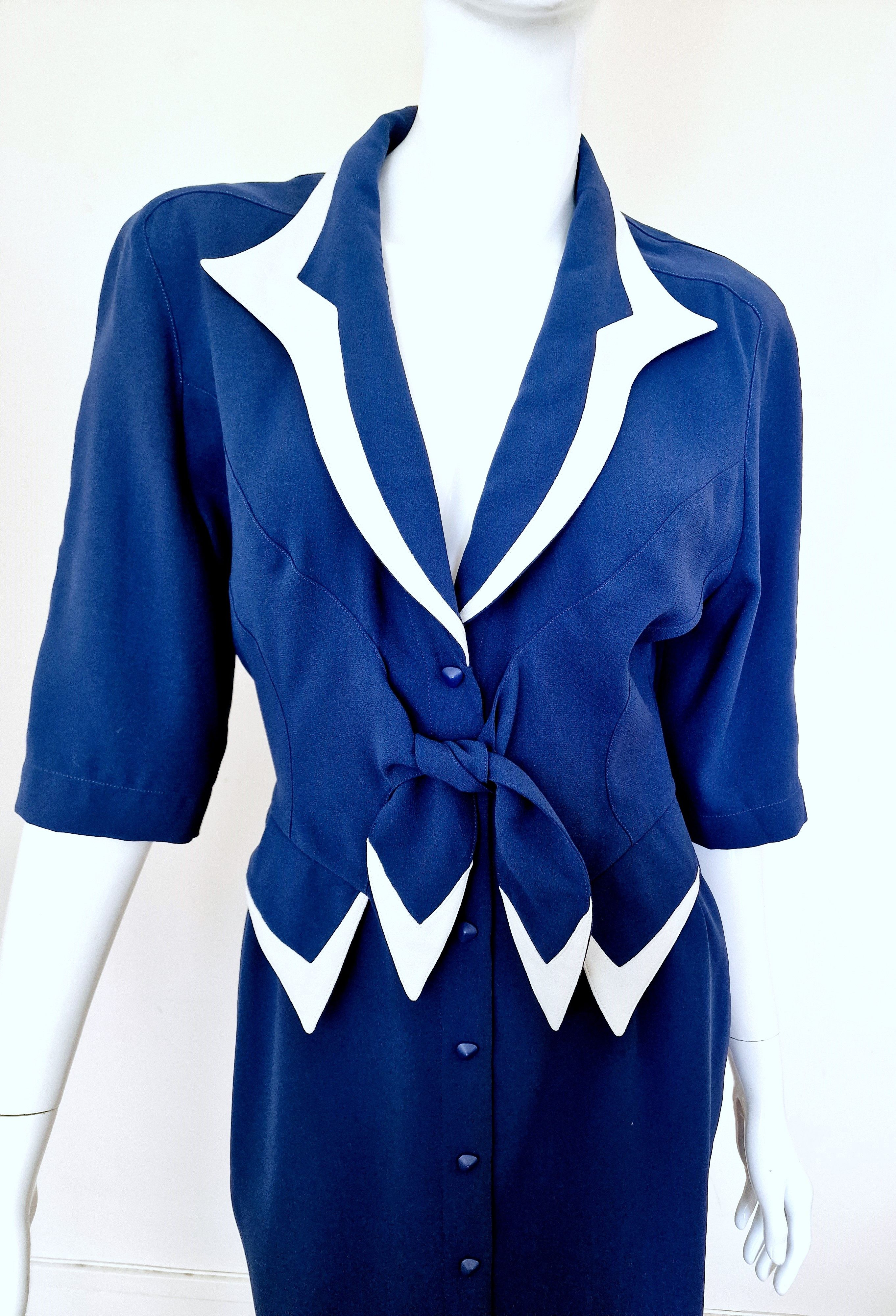 Thierry Mugler Thierry Mugler Navy Blue Crepe Bow Stripe Vintage Dress Size M / US 6-8 / IT 42-44 - 5 Thumbnail
