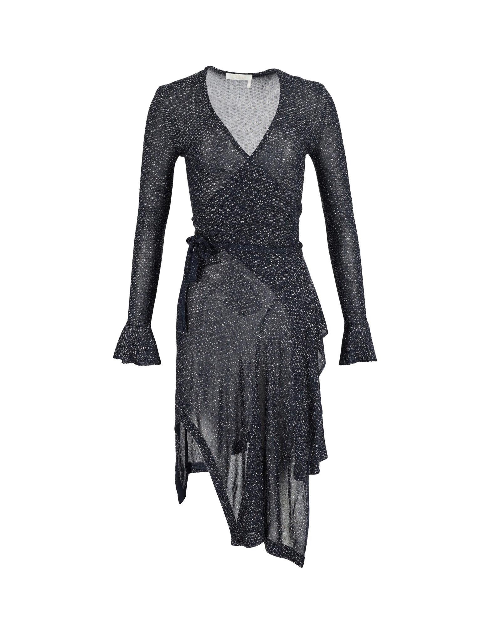 image of Chloe Metallic Midi Wrap Dress With Flared Cuffs In Black, Women's (Size Small)