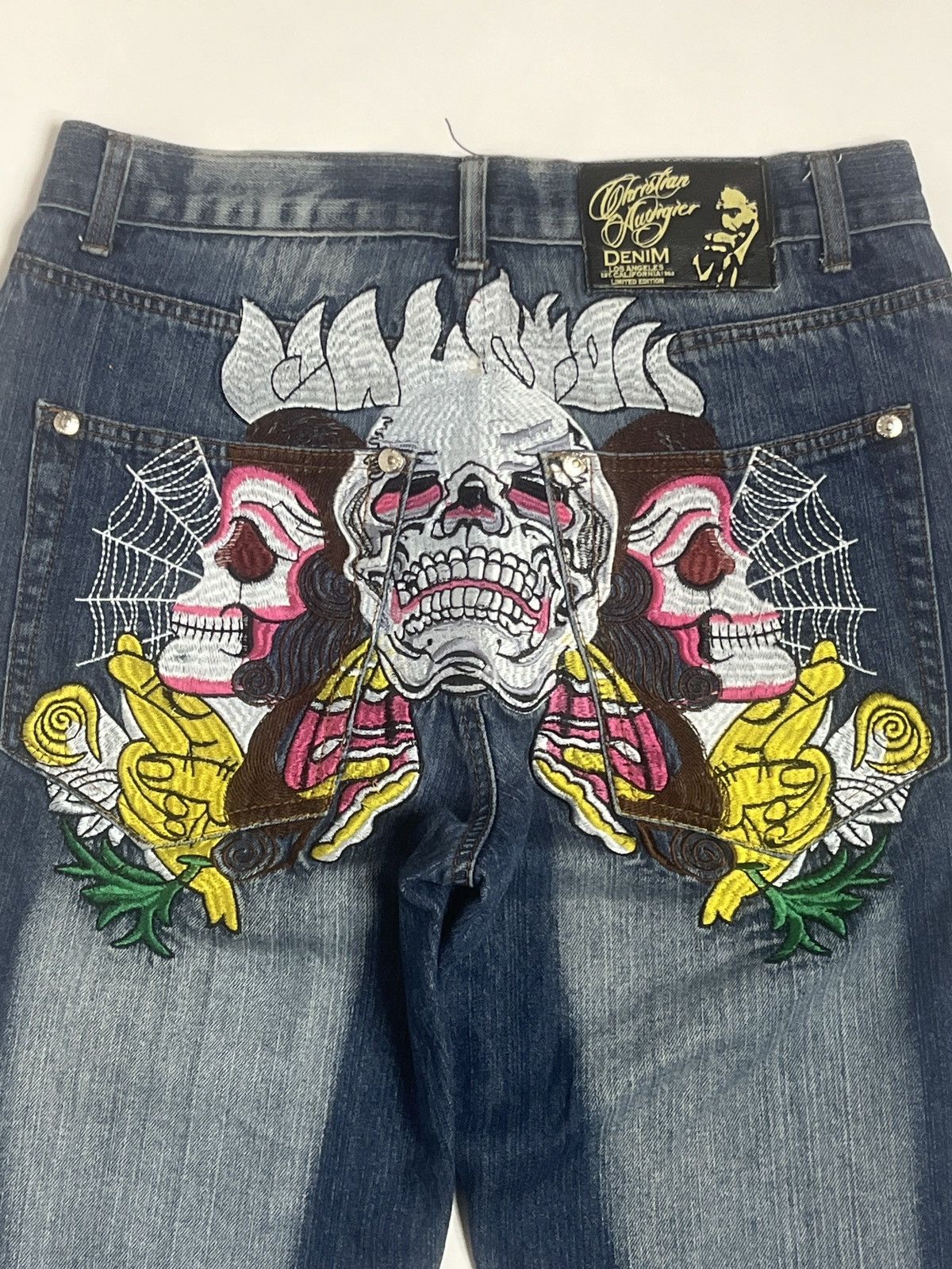 00s Christian fashion Audigier Studded Skull Print Denim Jeans Boot Cut Size 38 x 33