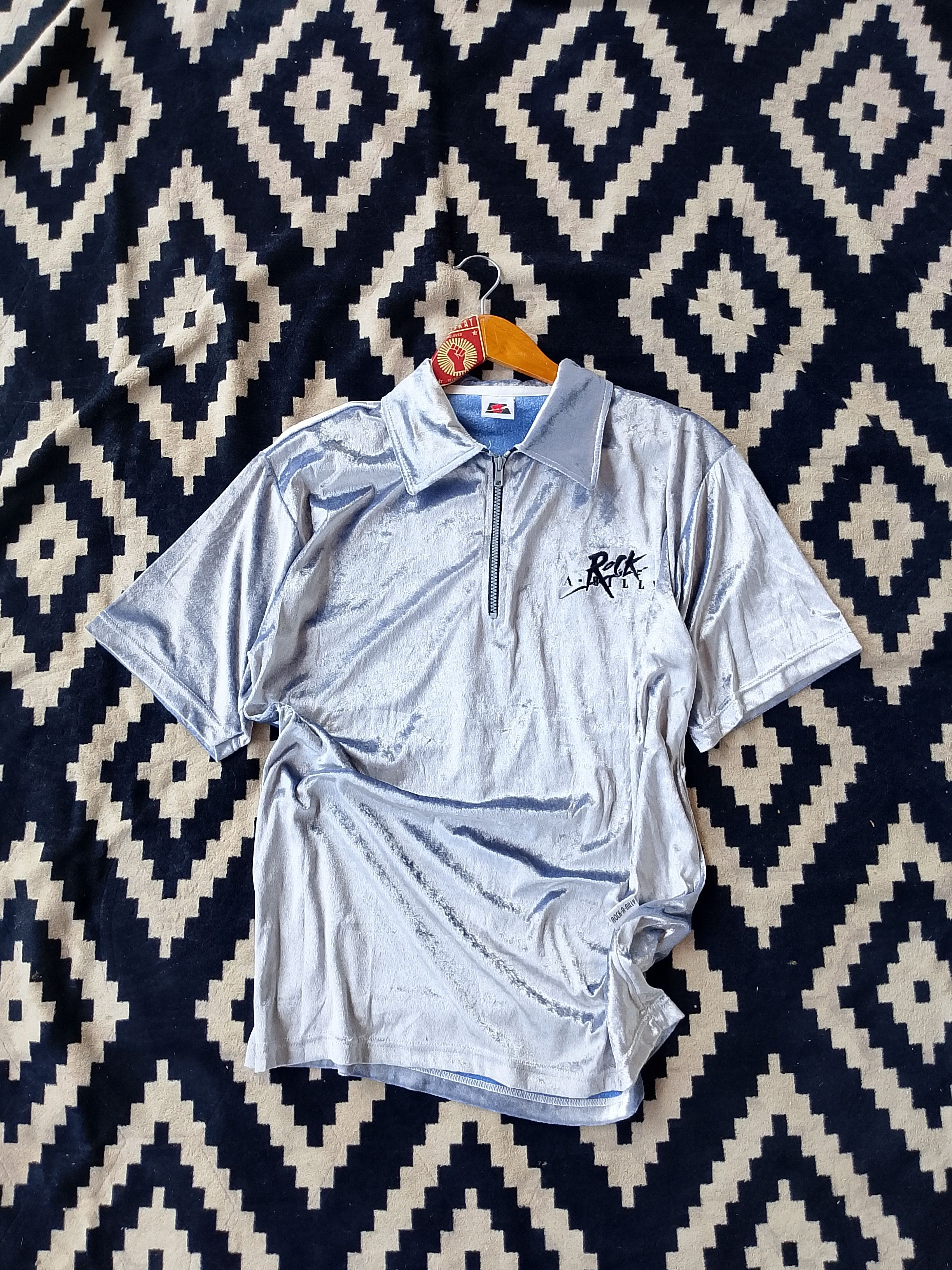 Other 💥 VINTAGE 90s Rock-A-Billy Crushed Velvet Silver Zip Polo Size US L / EU 52-54 / 3 - 1 Thumbnail
