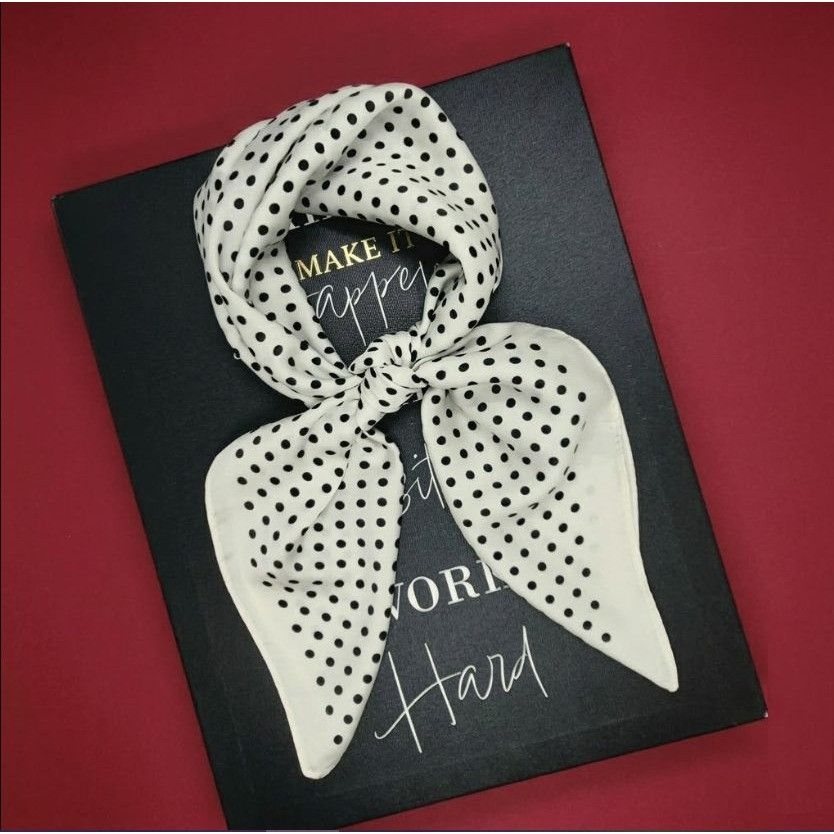 Other Luxury Elegant Bandana Square Scarf Satin White Black Dots S Size ONE SIZE - 1 Thumbnail