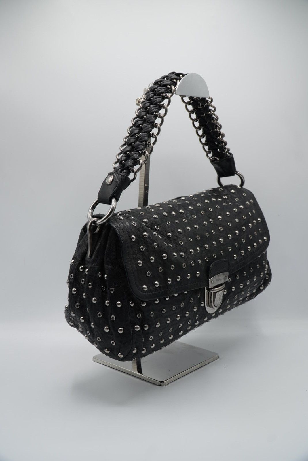 Prada Prada Black Leather Studded Handbag Size ONE SIZE - 3 Thumbnail