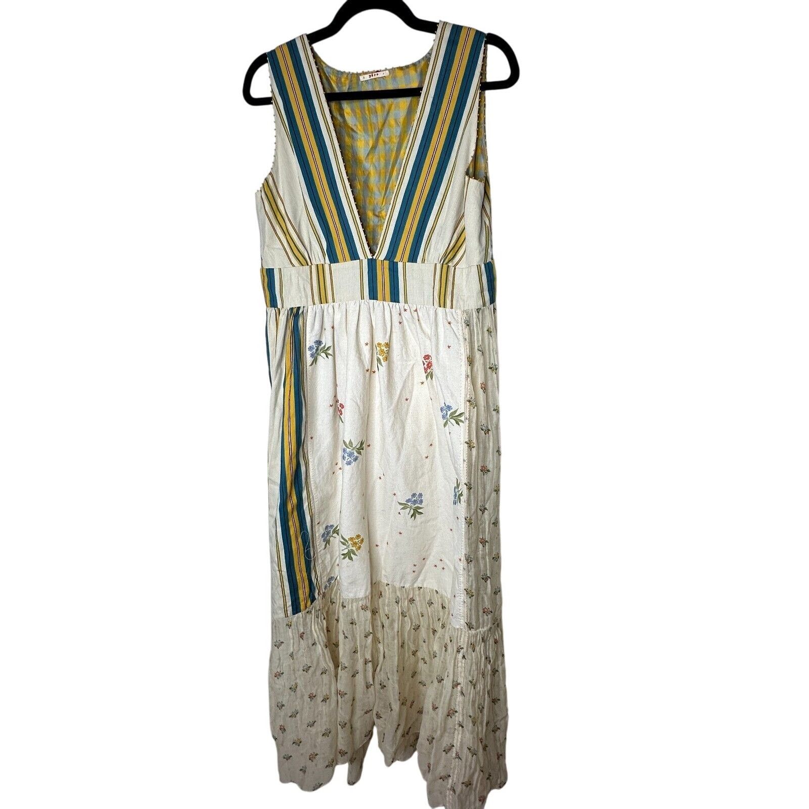 Other Pero Tan Teal Gold VNeck Floral Stripe Empire Ruffle Maxi 38 Size M / US 6-8 / IT 42-44 - 1 Thumbnail